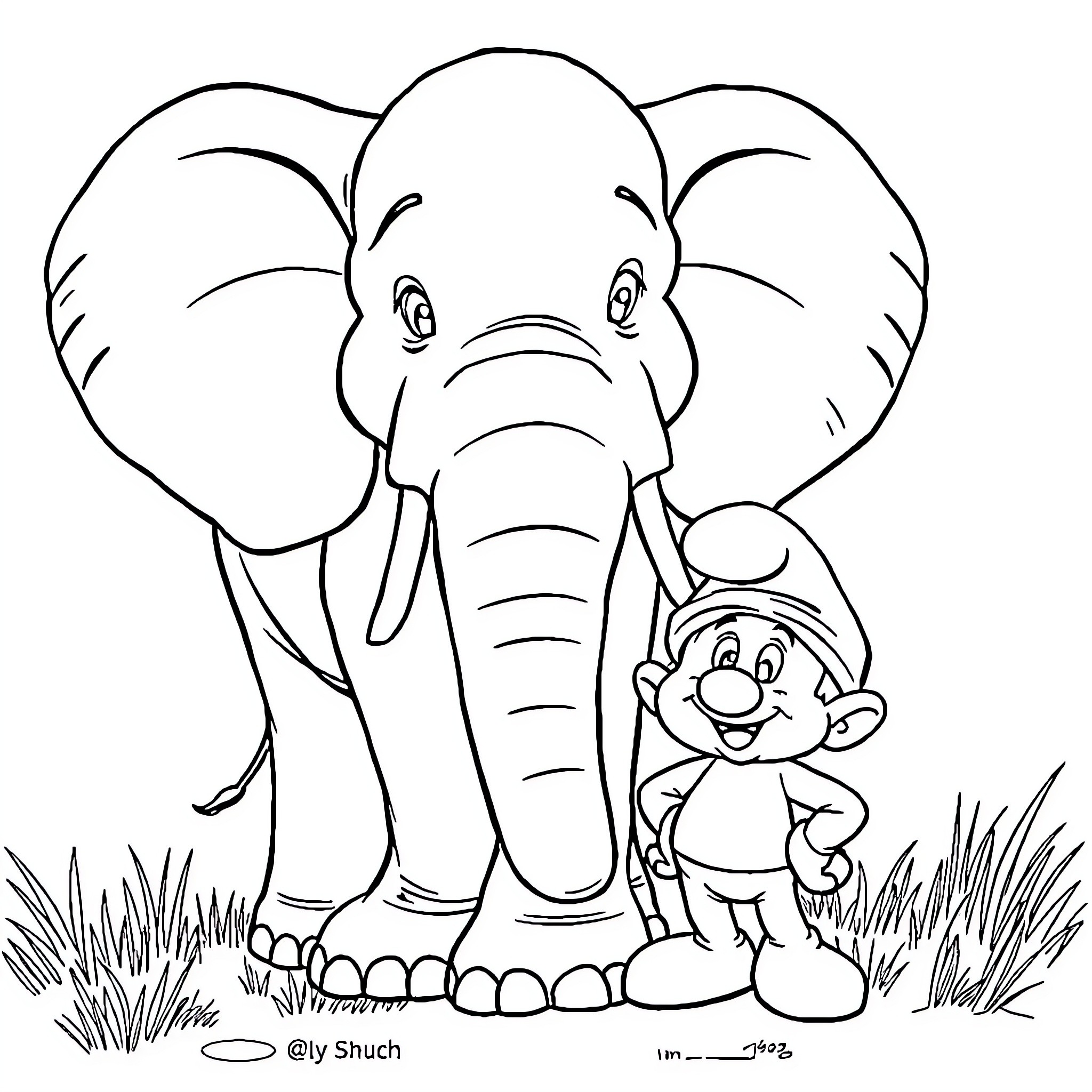 Elephant and Tiny Friend in Field Coloring Page (free black-and-white line drawing printable PDF for all, from beginners to advanced learners, including children, teens, adults, and seniors)