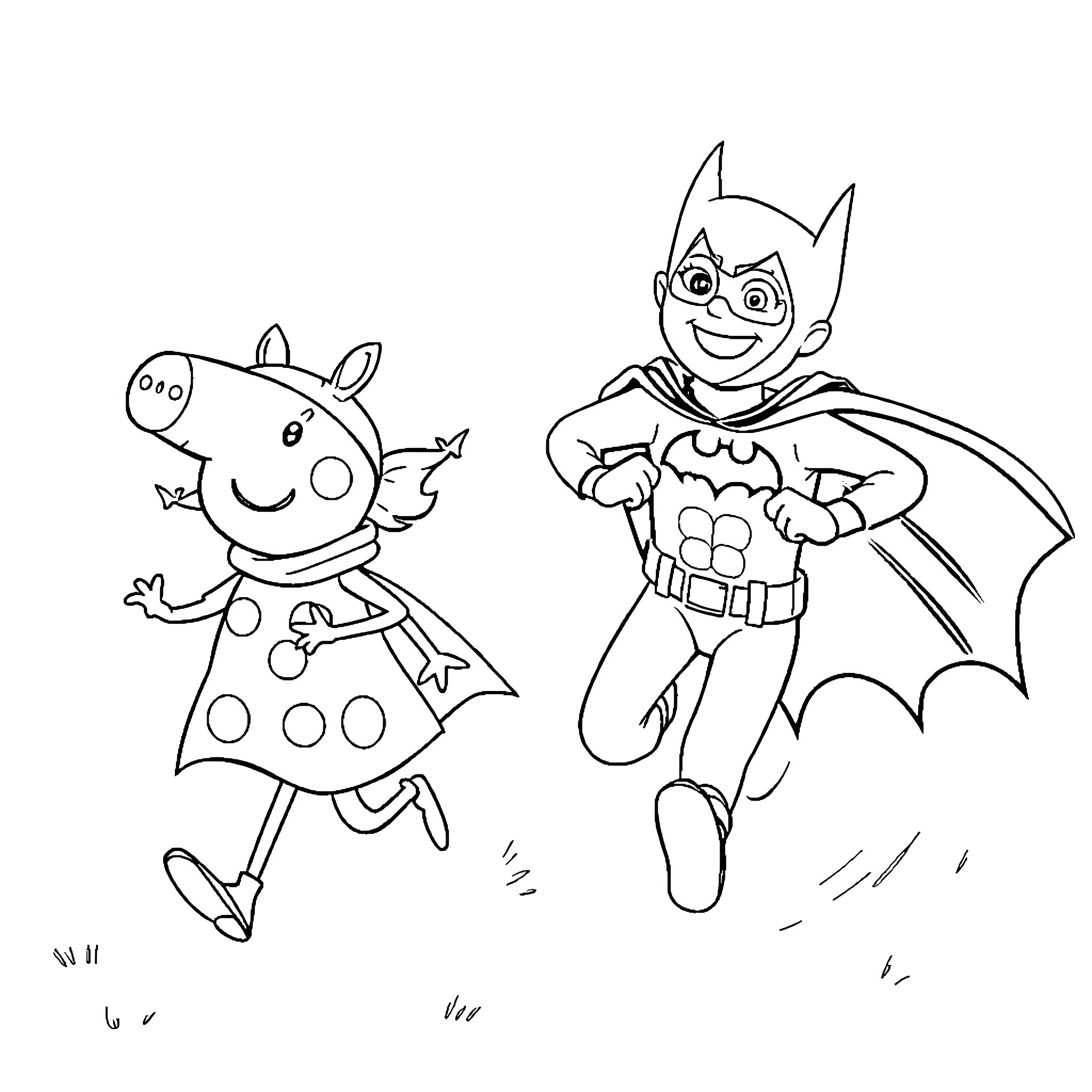 Boy hero and girl superhero in action Coloring Page (free black-and-white line drawing printable PDF for all, from beginners to advanced learners, including children, teens, adults, and seniors)