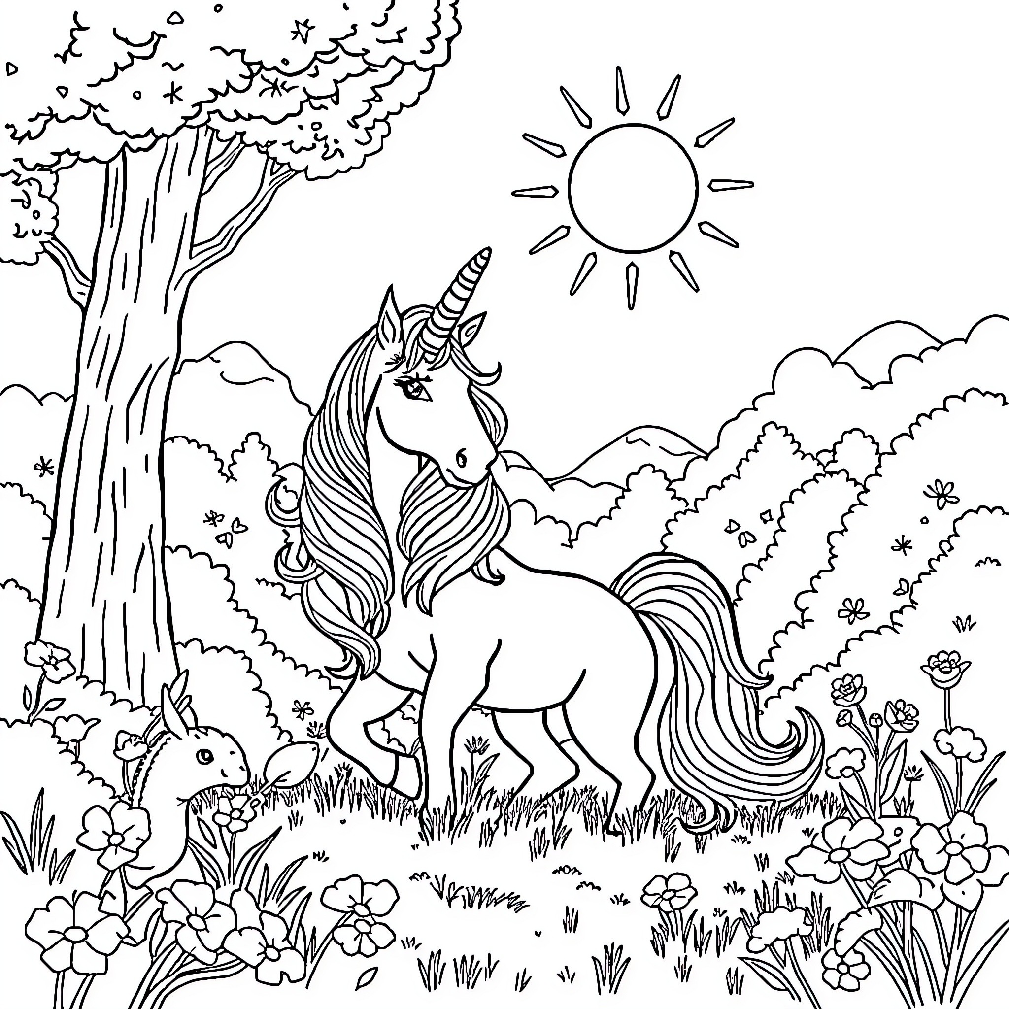 Unicorn frolicking in enchanted forest landscape Coloring Page (free black-and-white line drawing printable PDF for all, from beginners to advanced learners, including children, teens, adults, and seniors)