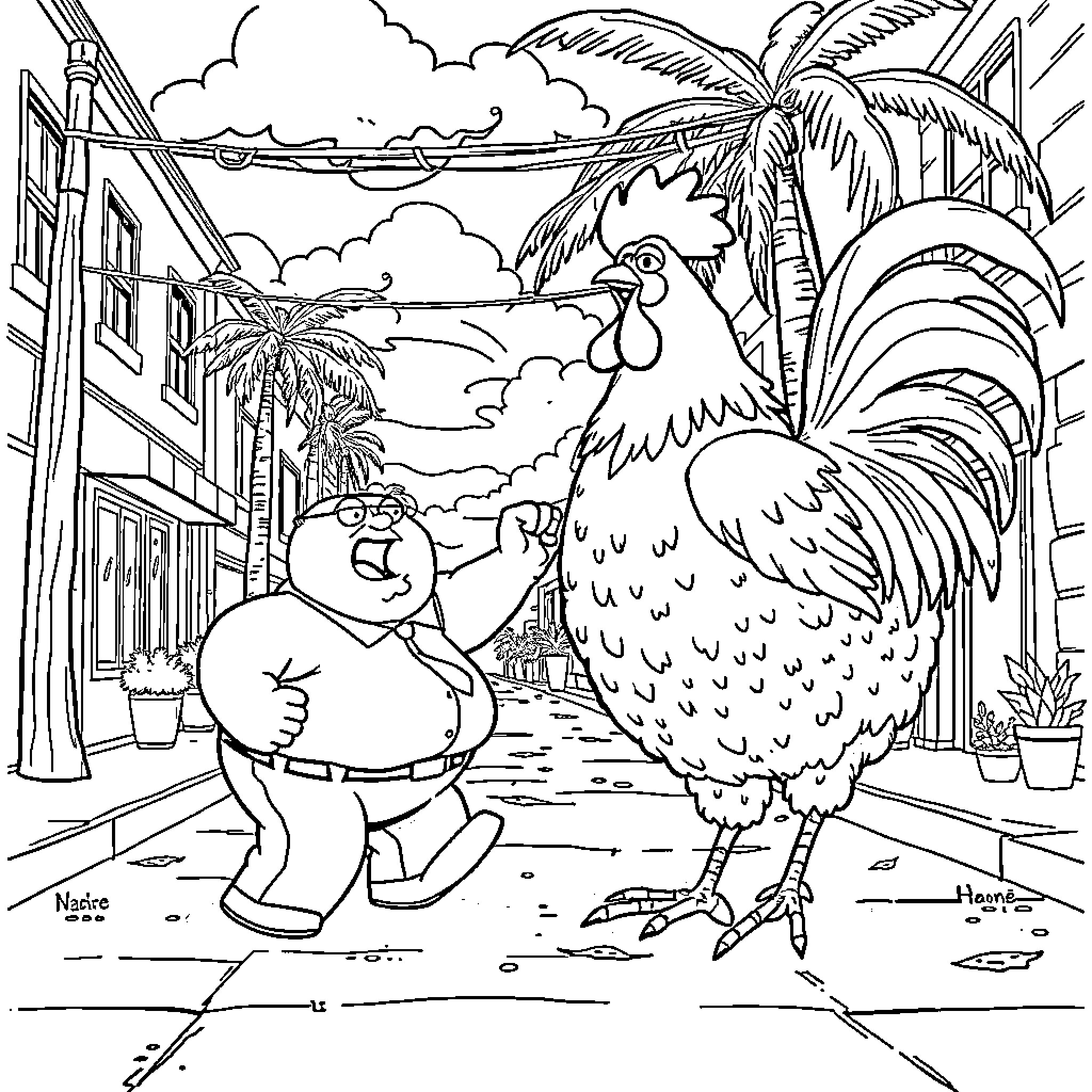 Peter Griffin's Tropical Adventure with a Rooster Coloring Page (free black-and-white line drawing printable PDF for all, from beginners to advanced learners, including children, teens, adults, and seniors)