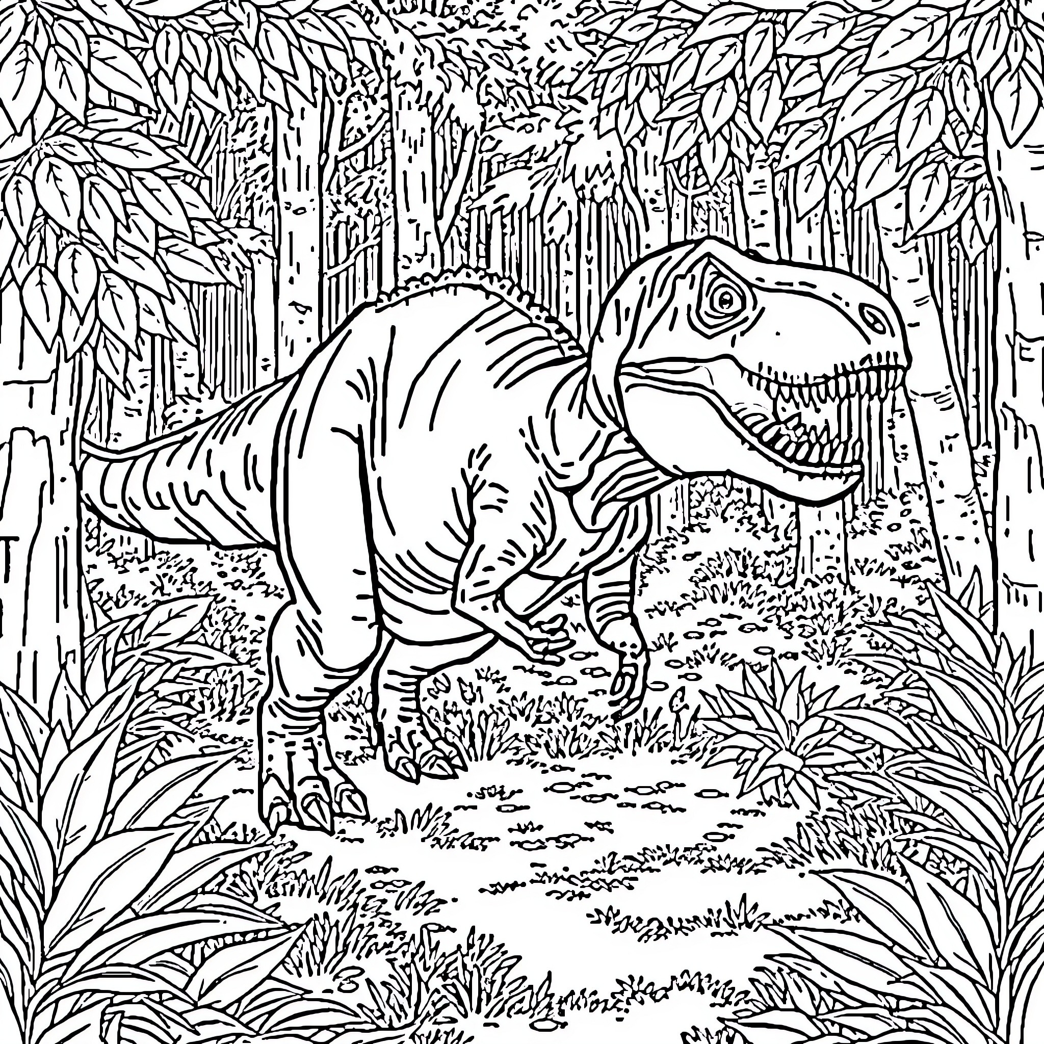 T-Rex Exploring the Lush Prehistoric Landscape Coloring Page (free black-and-white line drawing printable PDF for all, from beginners to advanced learners, including children, teens, adults, and seniors)