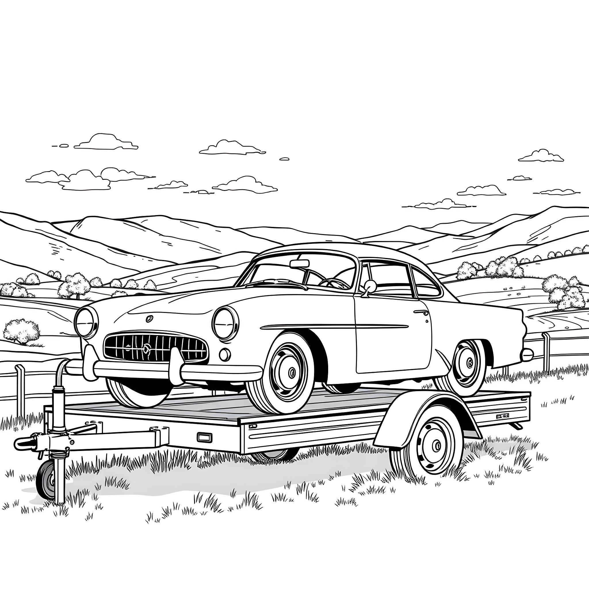 Car on trailer in countryside landscape Coloring Page (free black-and-white line drawing printable PDF for all, from beginners to advanced learners, including children, teens, adults, and seniors)