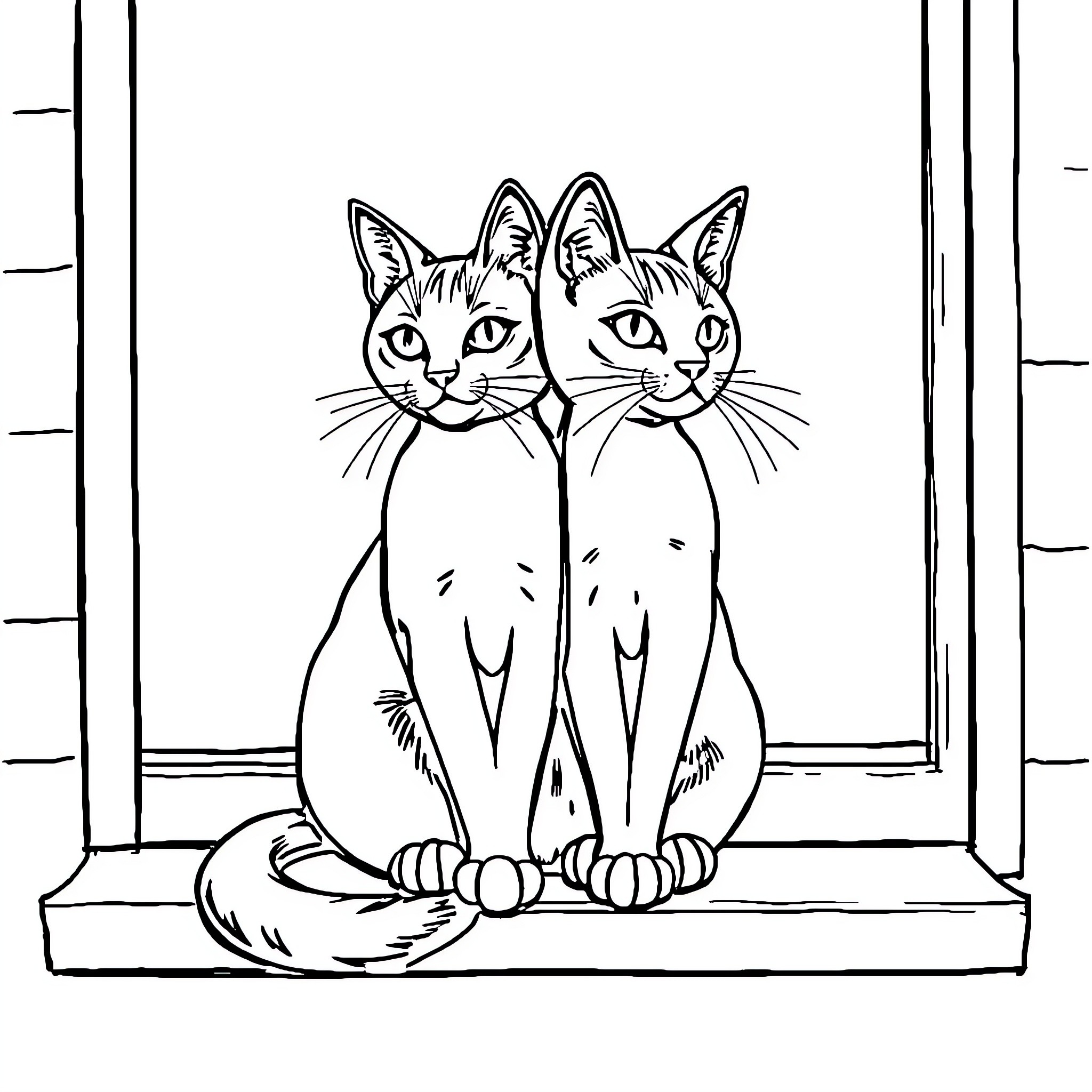 Cats sitting together on a windowsill Coloring Page (free black-and-white line drawing printable PDF for all, from beginners to advanced learners, including children, teens, adults, and seniors)