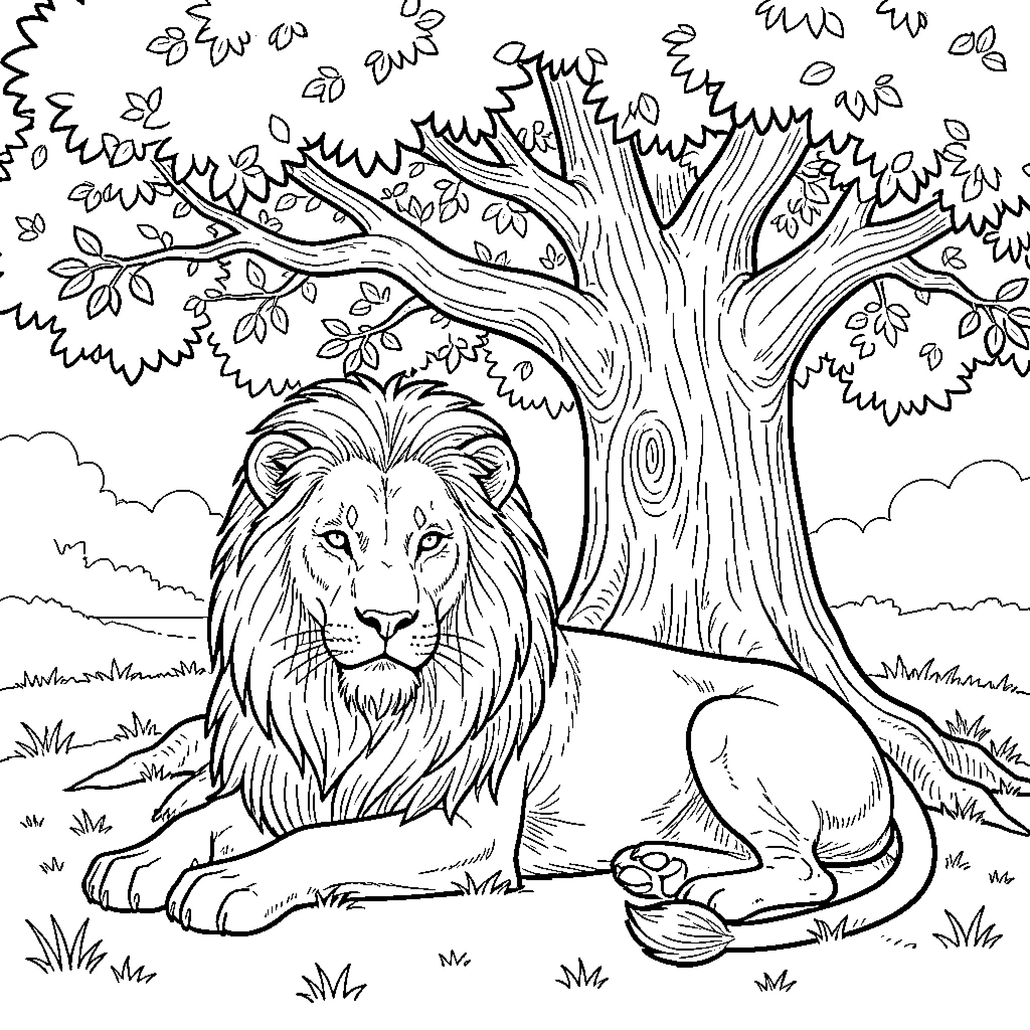 Lion resting calmly under a large tree Coloring Page (free black-and-white line drawing printable PDF for all, from beginners to advanced learners, including children, teens, adults, and seniors)