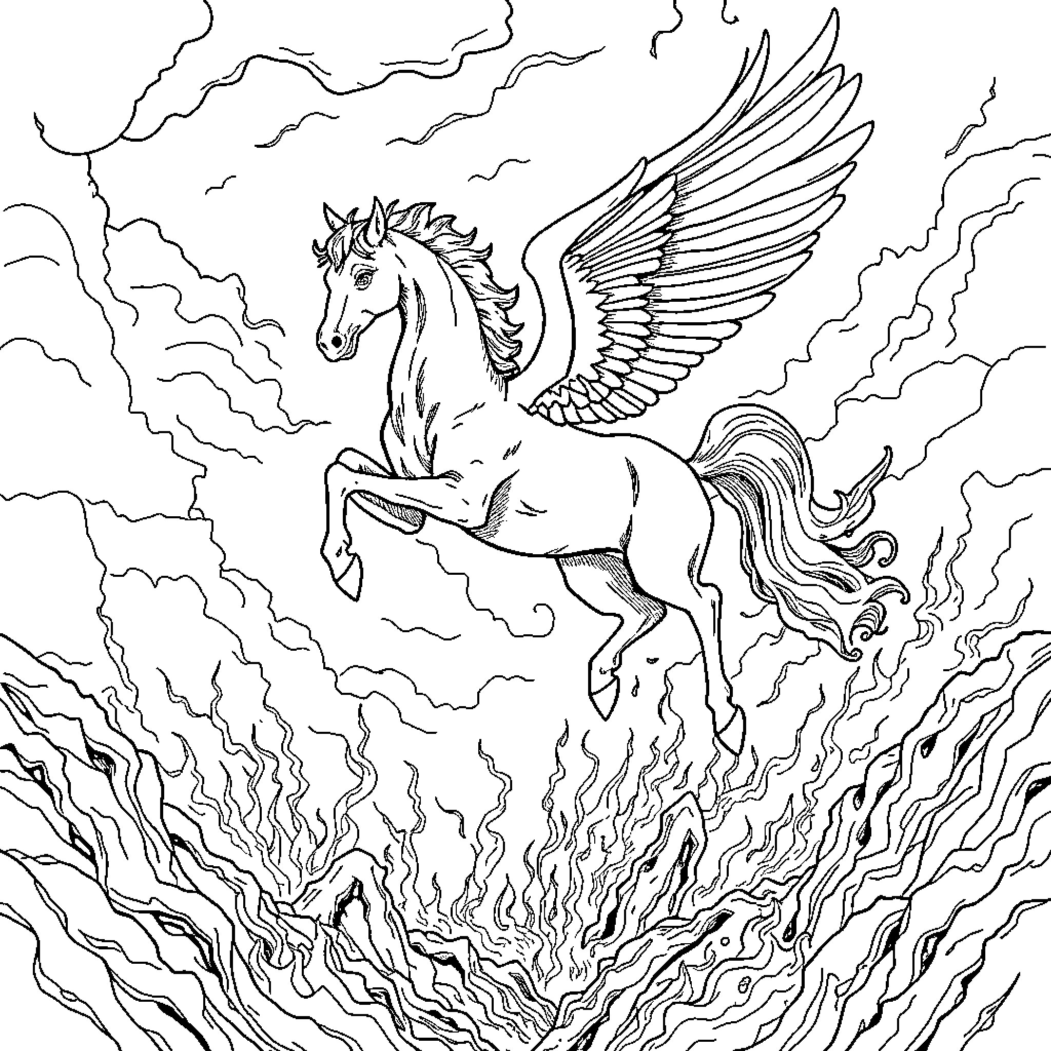 Pegasus soaring through the storm-filled skies Coloring Page (free black-and-white line drawing printable PDF for all, from beginners to advanced learners, including children, teens, adults, and seniors)