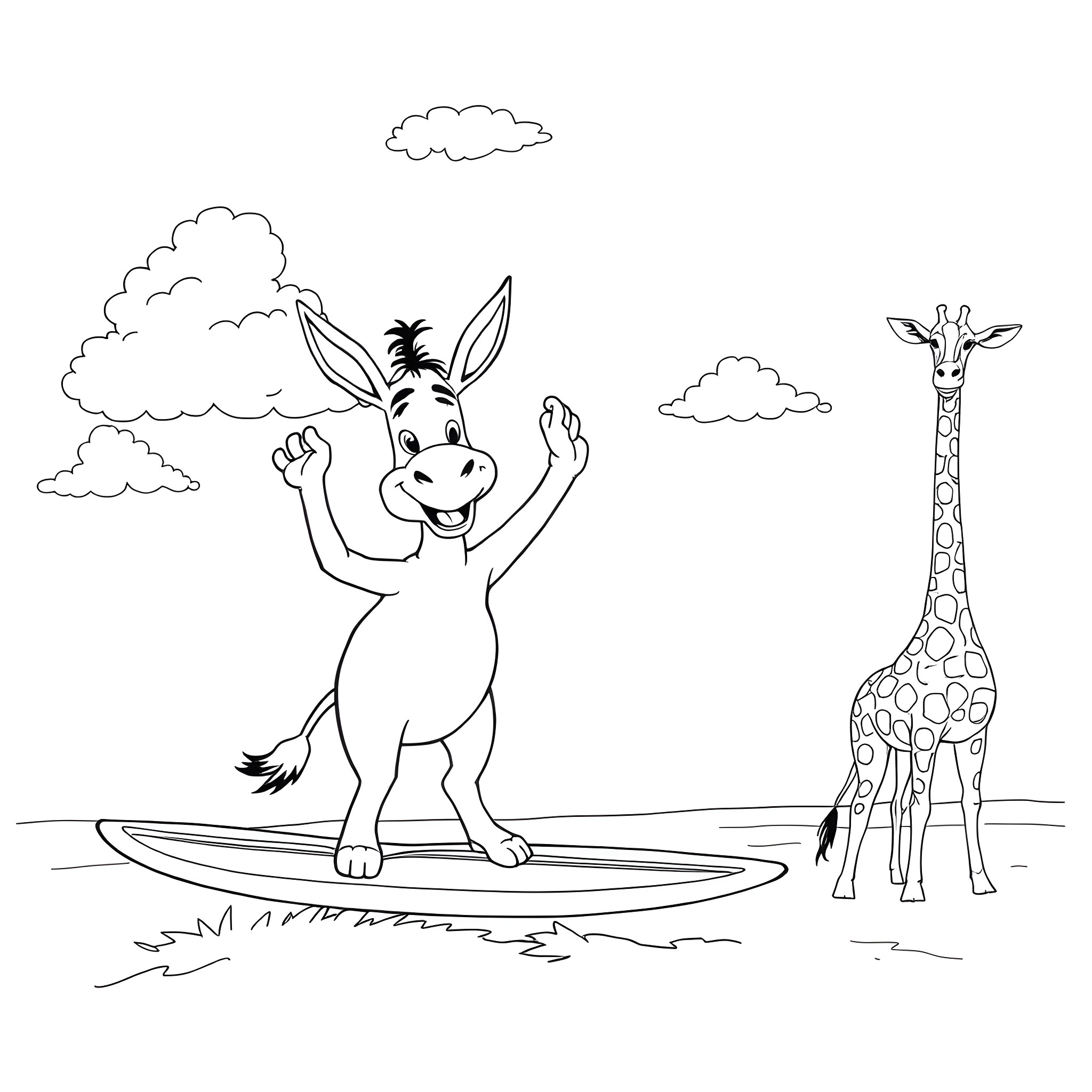 Donkey surfing with giraffe in the wild Coloring Page (free black-and-white line drawing printable PDF for all, from beginners to advanced learners, including children, teens, adults, and seniors)