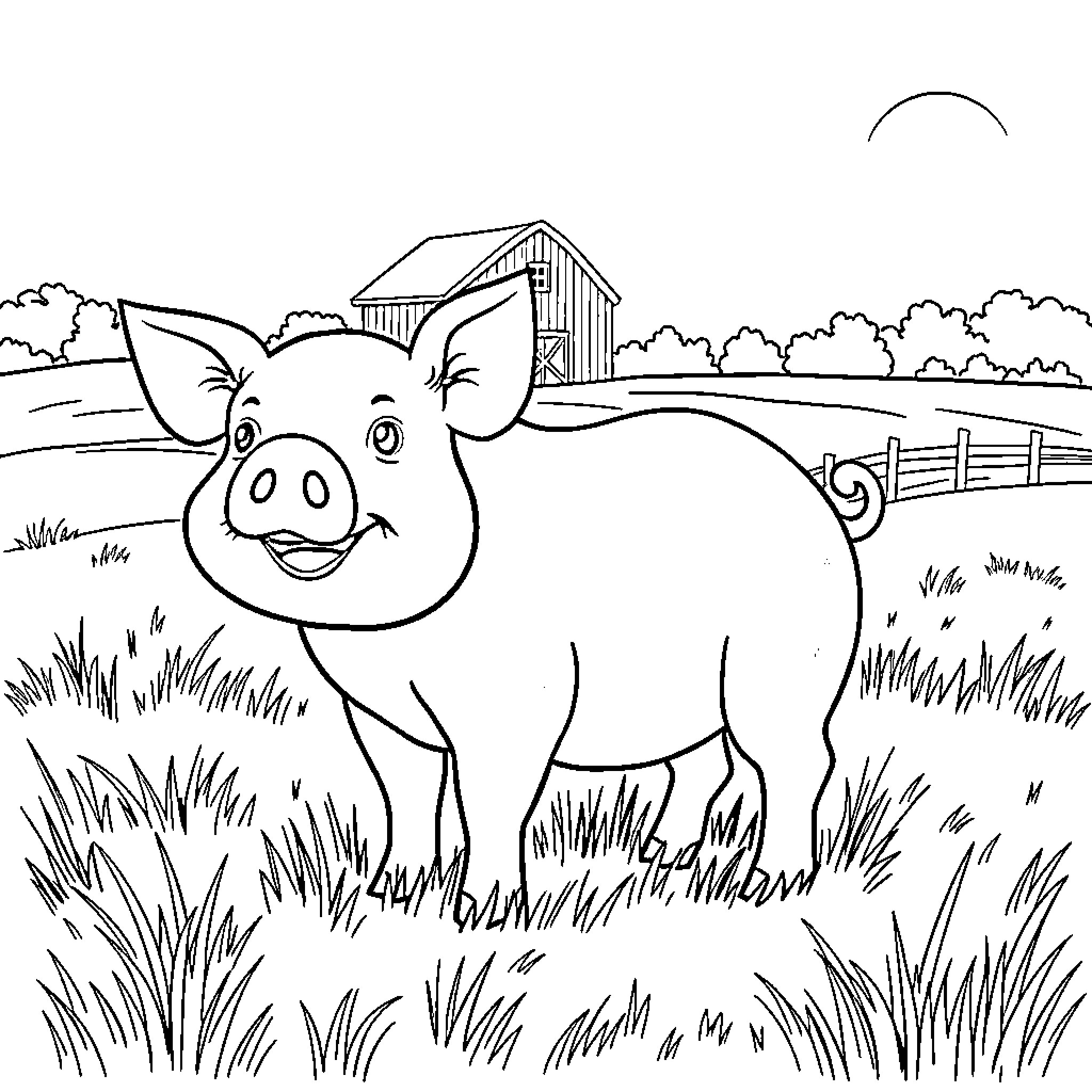 Pig enjoying the countryside scene Coloring Page (free black-and-white line drawing printable PDF for all, from beginners to advanced learners, including children, teens, adults, and seniors)