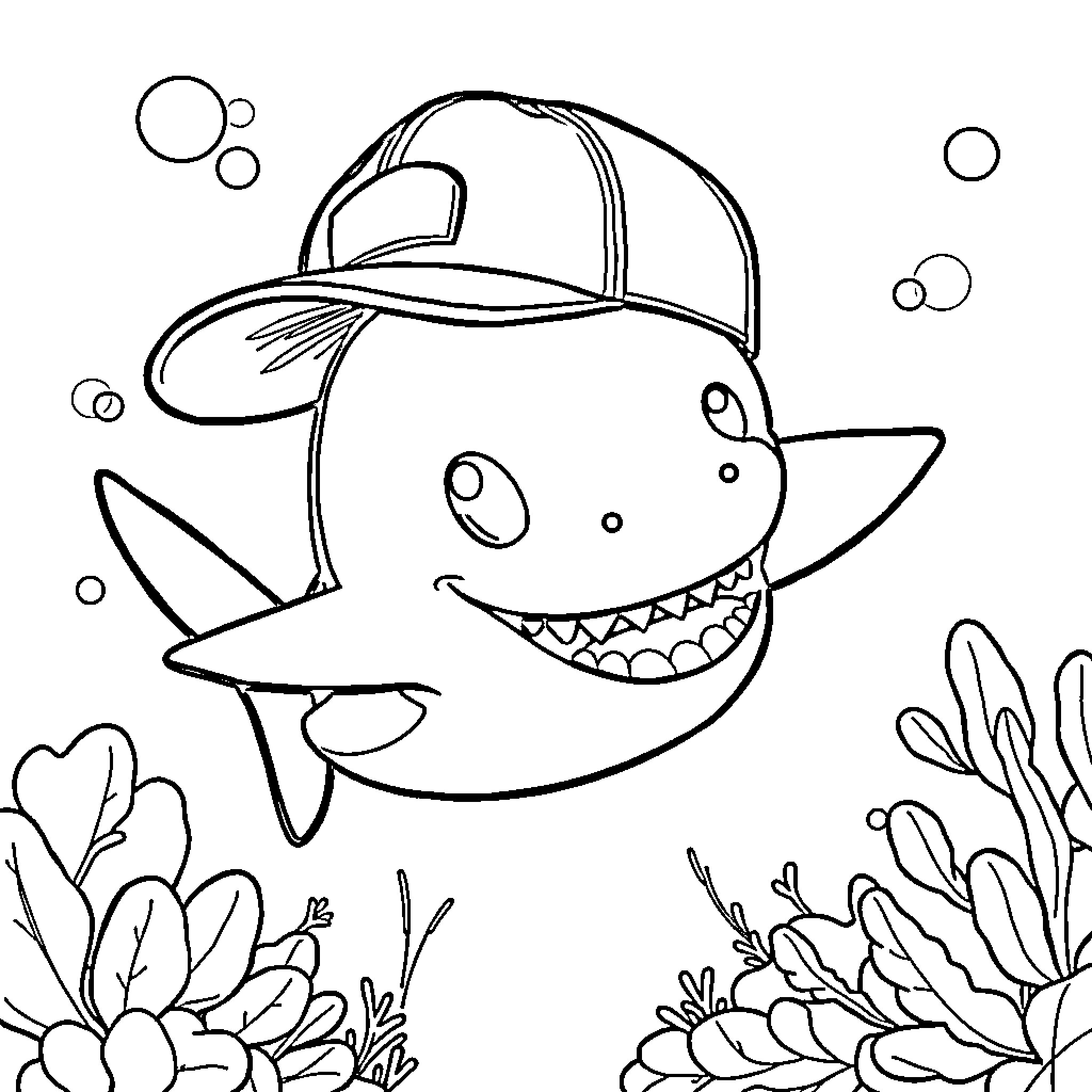 Shark wearing a baseball cap in the ocean Coloring Page (free black-and-white line drawing printable PDF for all, from beginners to advanced learners, including children, teens, adults, and seniors)