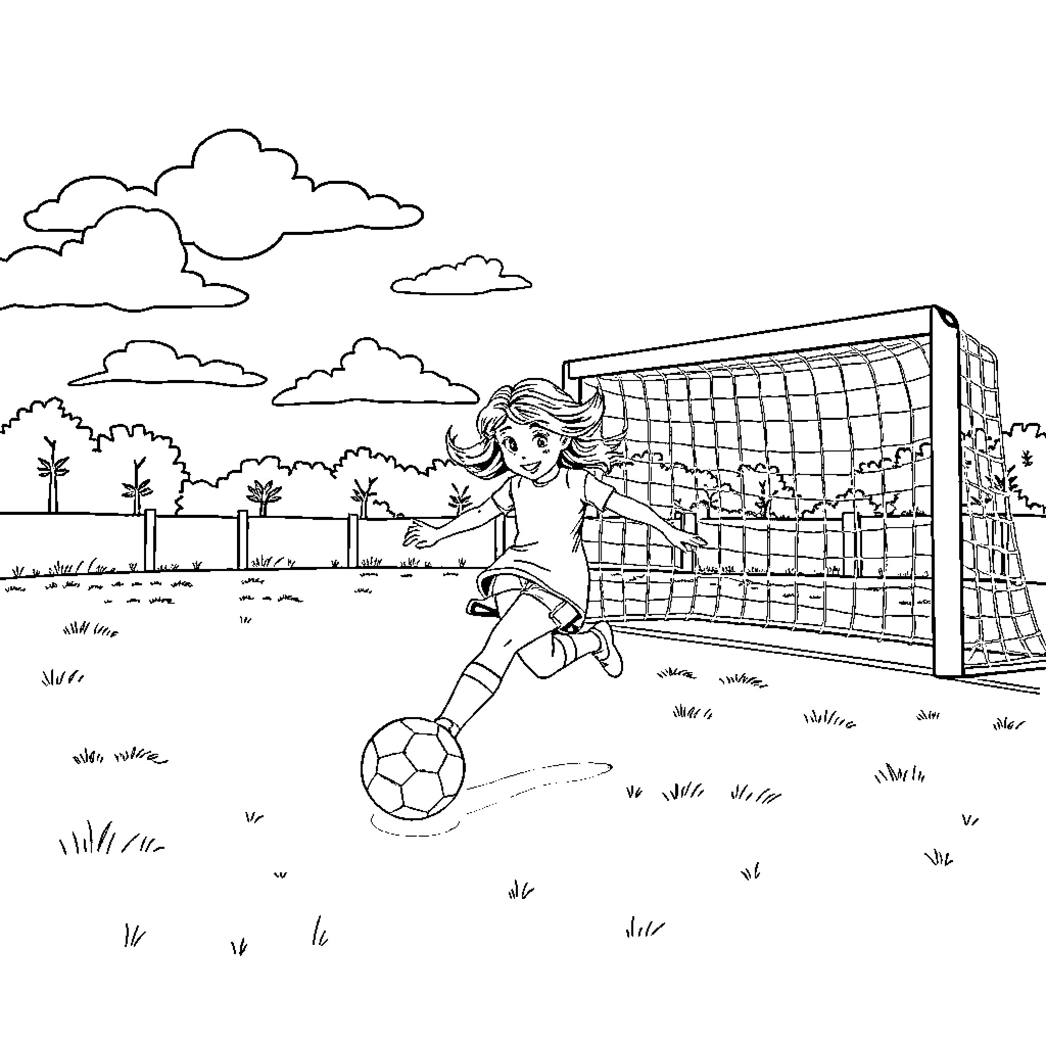 Girl playing soccer on a field Coloring Page (free black-and-white line drawing printable PDF for all, from beginners to advanced learners, including children, teens, adults, and seniors)