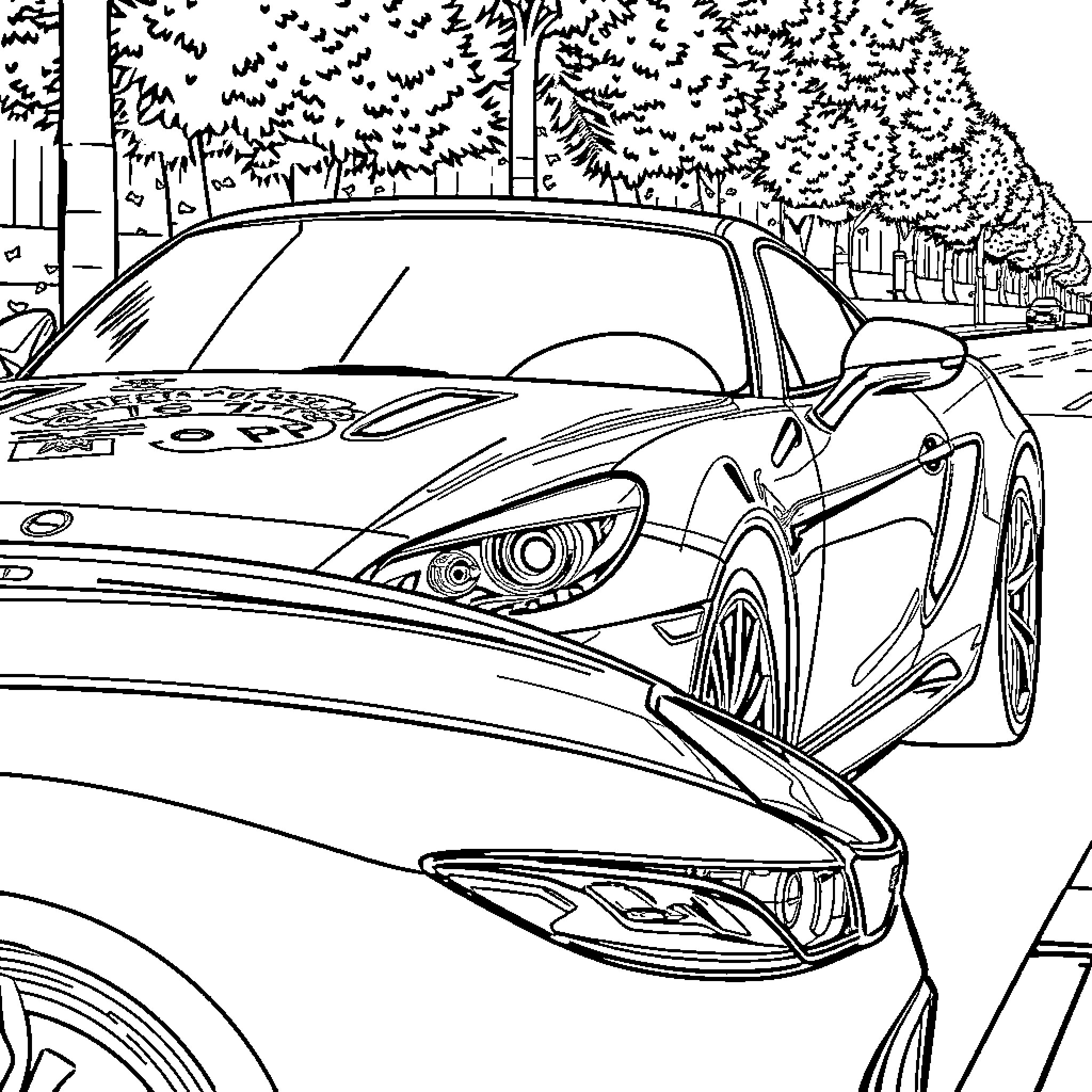 Car on a Stylized Street Scene Coloring Page (free black-and-white line drawing printable PDF for all, from beginners to advanced learners, including children, teens, adults, and seniors)