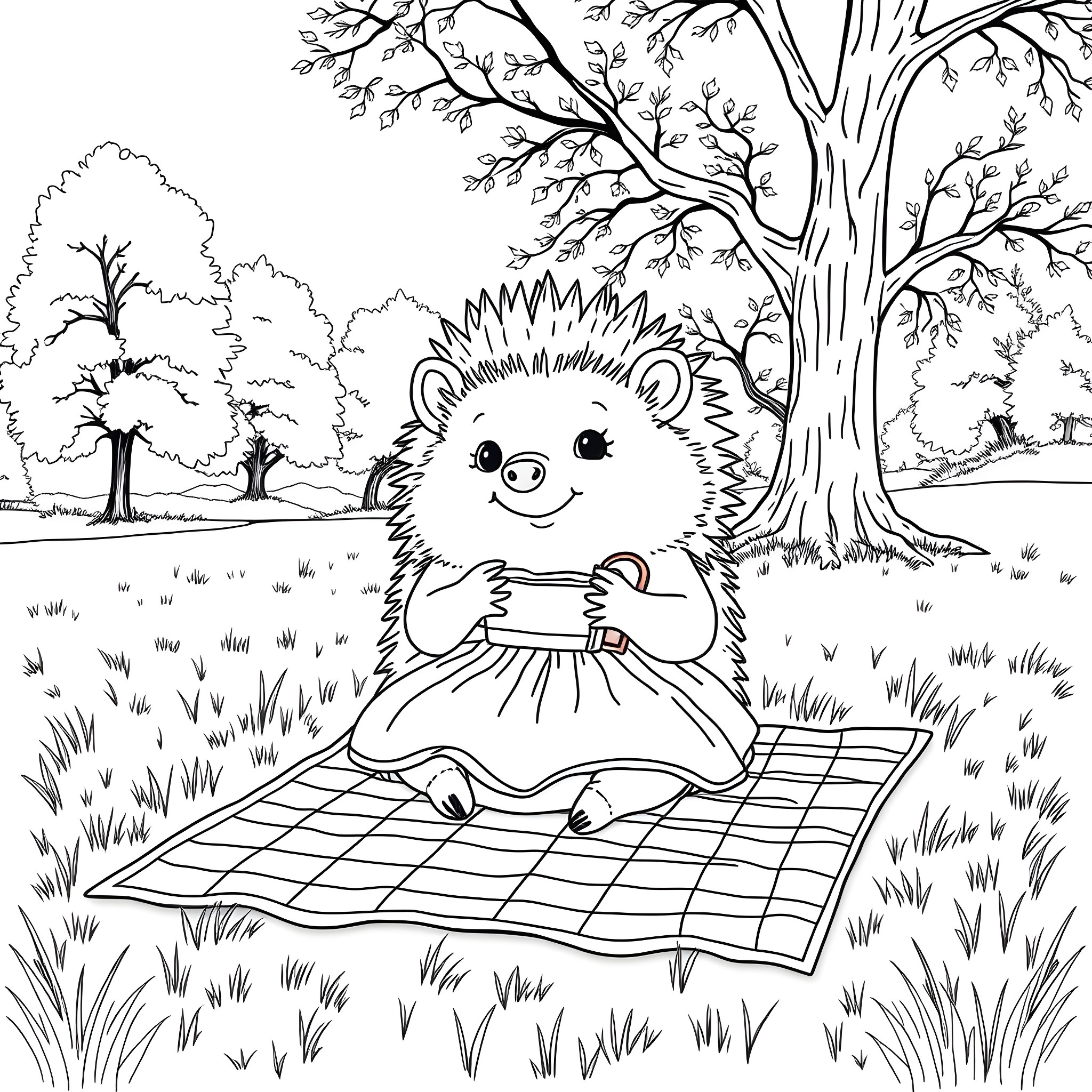 Hedgehog enjoying a picnic in the park Coloring Page (free black-and-white line drawing printable PDF for all, from beginners to advanced learners, including children, teens, adults, and seniors)