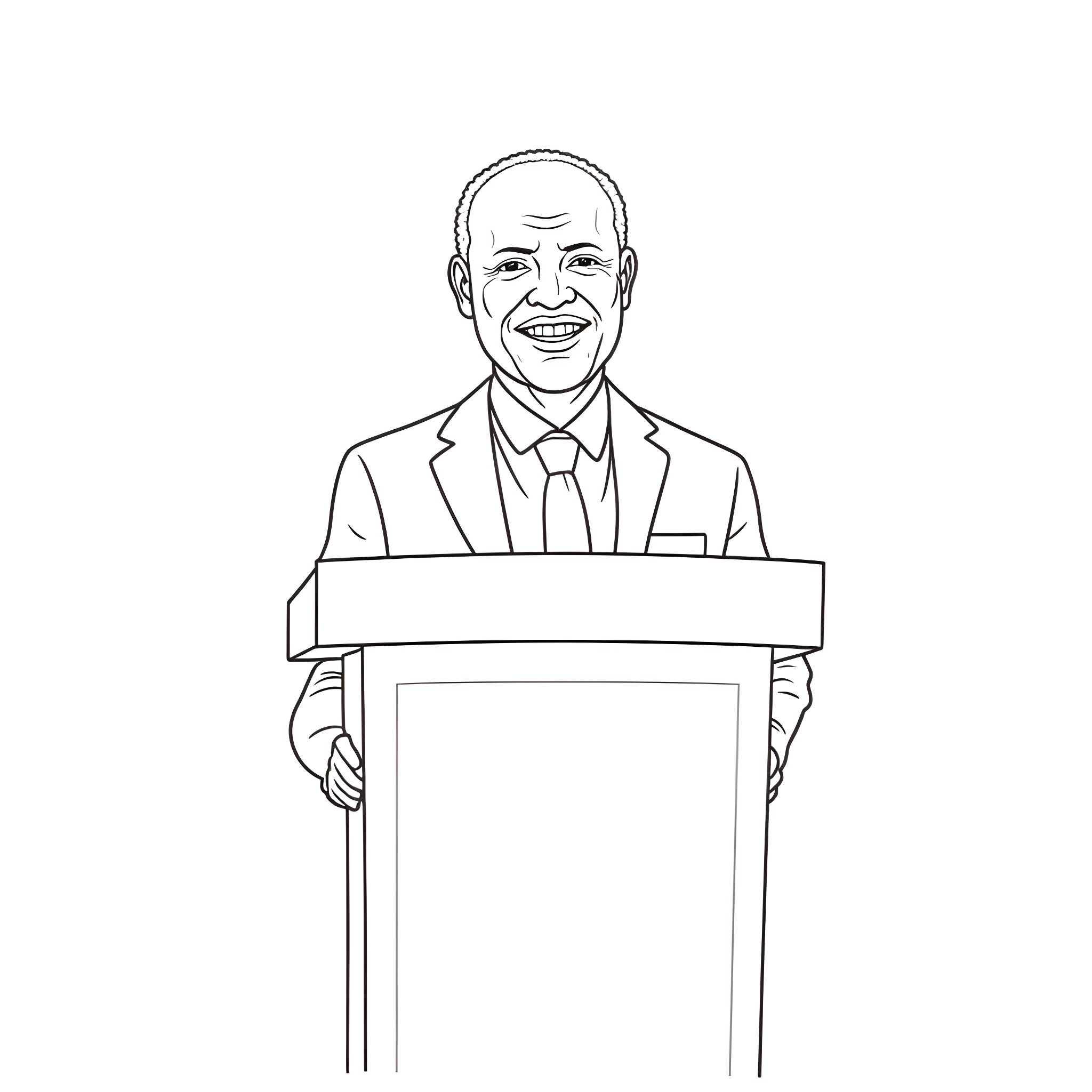 President Ruto addressing the public from a podium Coloring Page (free black-and-white line drawing printable PDF for all, from beginners to advanced learners, including children, teens, adults, and seniors)