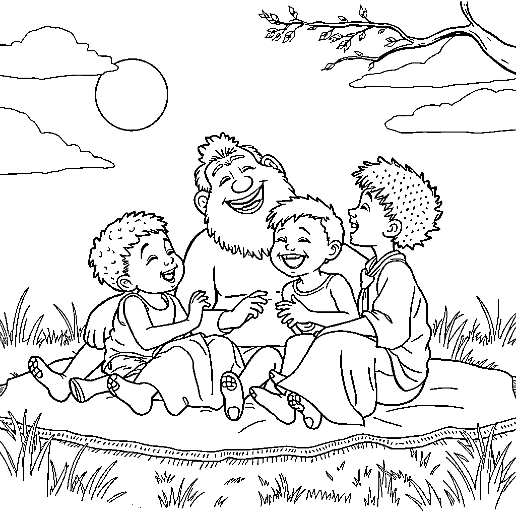 Labubu and children enjoy a sunny day outdoors Coloring Page (free black-and-white line drawing printable PDF for all, from beginners to advanced learners, including children, teens, adults, and seniors)