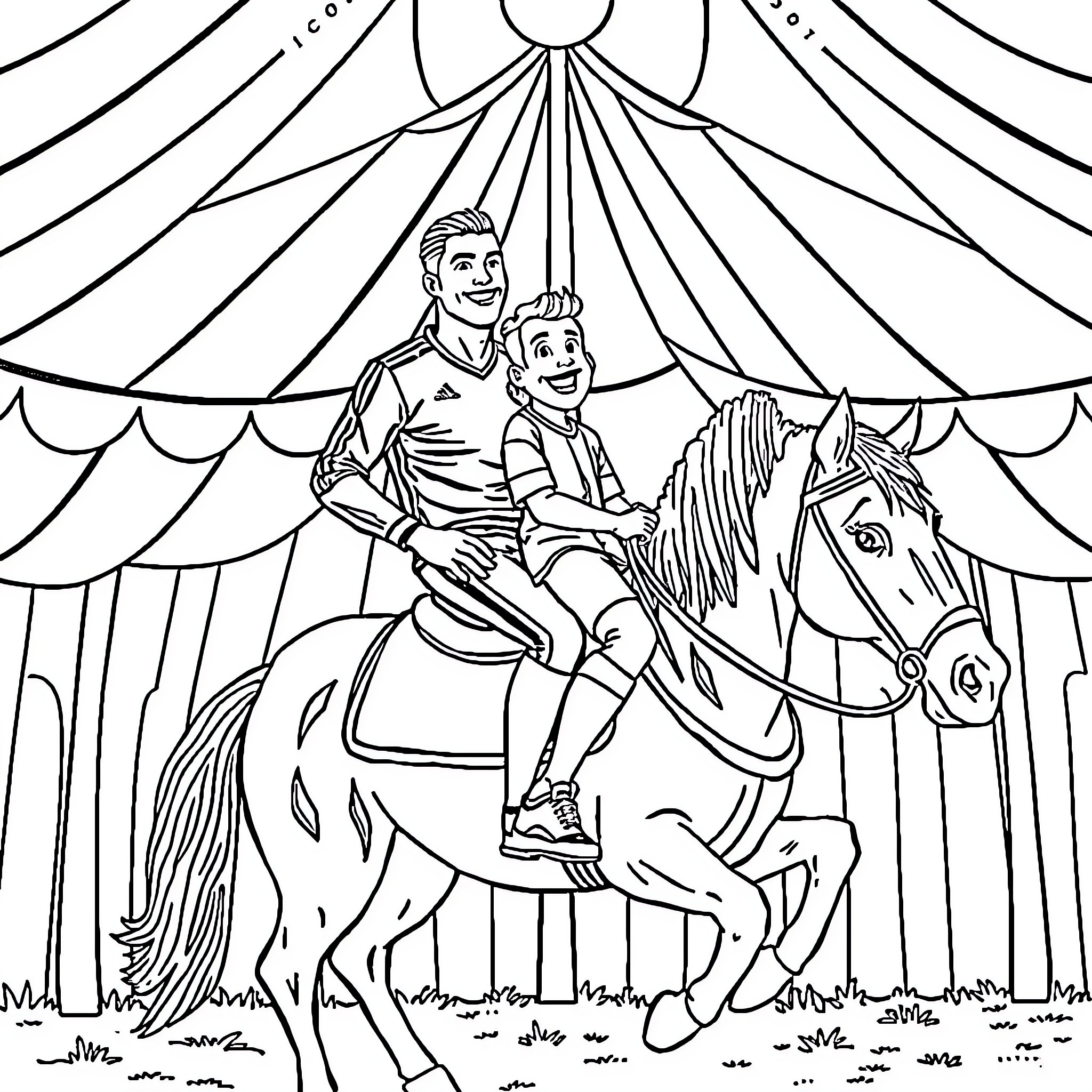 Cristiano Ronaldo Riding Horse at Circus Coloring Page (free black-and-white line drawing printable PDF for all, from beginners to advanced learners, including children, teens, adults, and seniors)