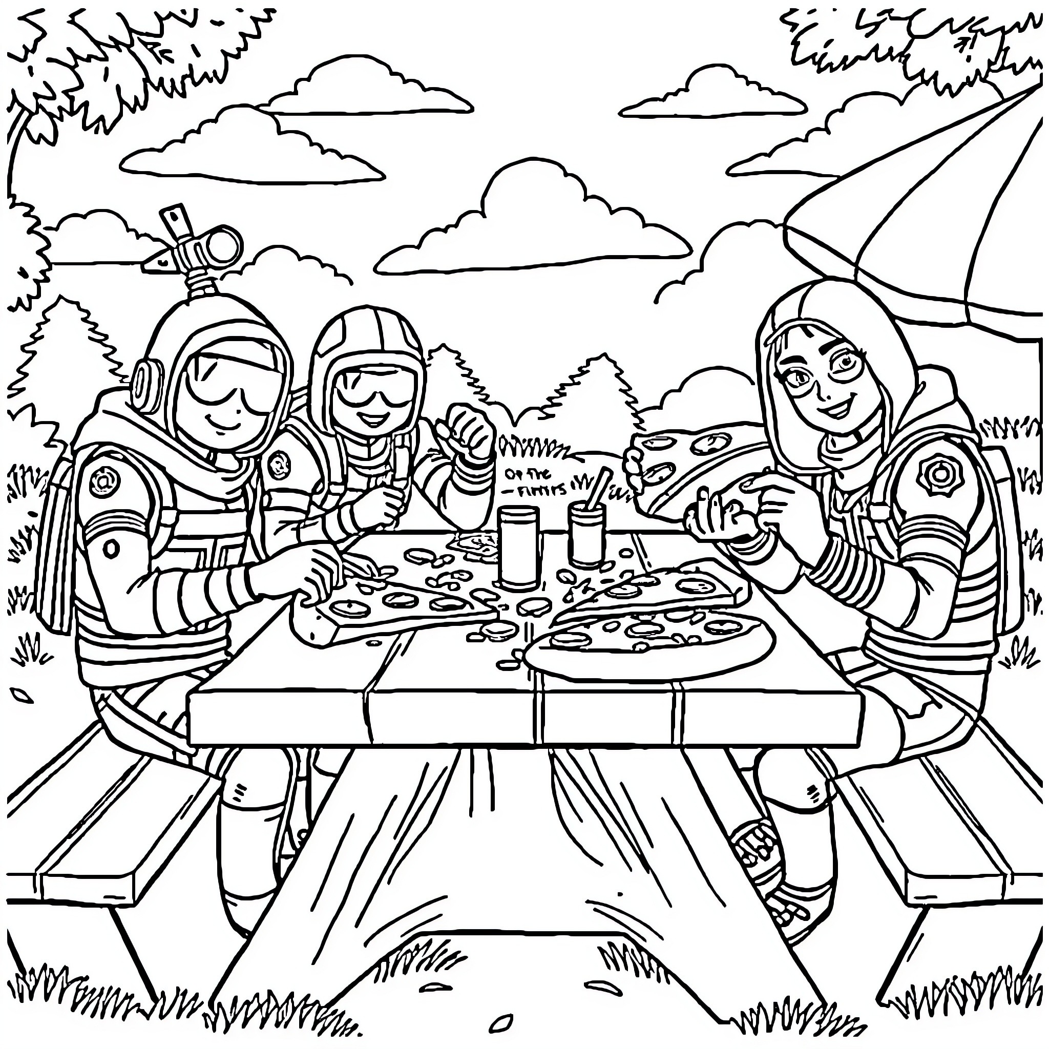 Fortnite Character Enjoying Outdoor Picnic with Friends Coloring Page (free black-and-white line drawing printable PDF for all, from beginners to advanced learners, including children, teens, adults, and seniors)
