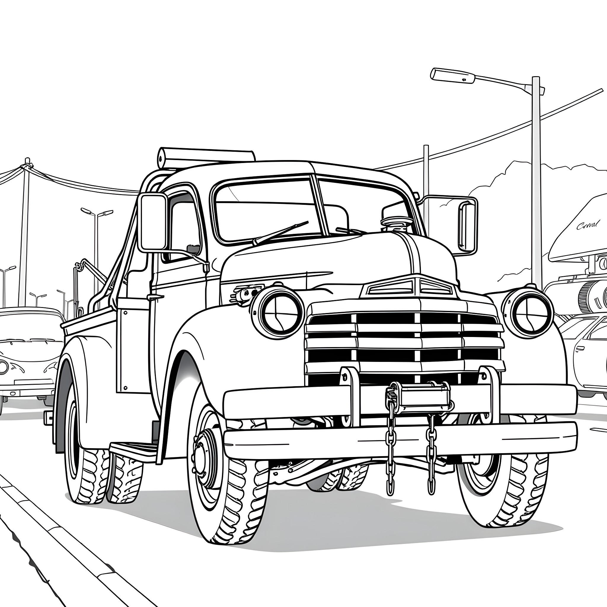 Tow Truck Hauling Damaged Vehicle on Roadside Coloring Page (free black-and-white line drawing printable PDF for all, from beginners to advanced learners, including children, teens, adults, and seniors)