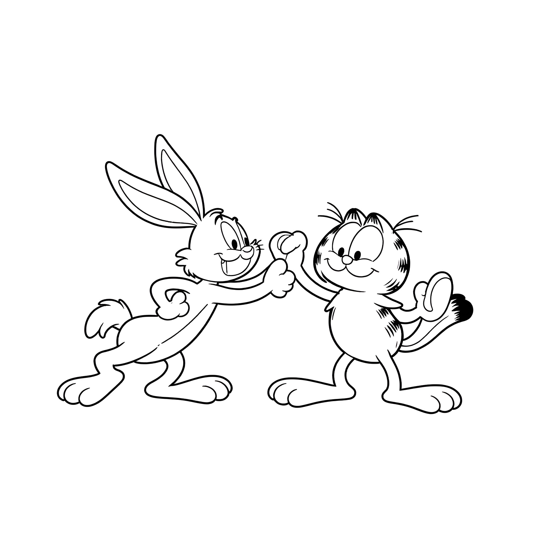 Bugs Bunny and friend cartoon characters interacting Coloring Page (free black-and-white line drawing printable PDF for all, from beginners to advanced learners, including children, teens, adults, and seniors)