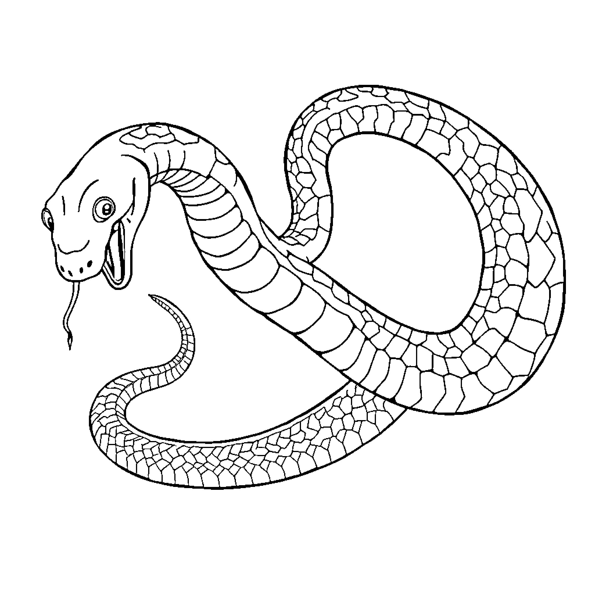 Snake coiling gracefully in a spiraling pattern Coloring Page (free black-and-white line drawing printable PDF for all, from beginners to advanced learners, including children, teens, adults, and seniors)