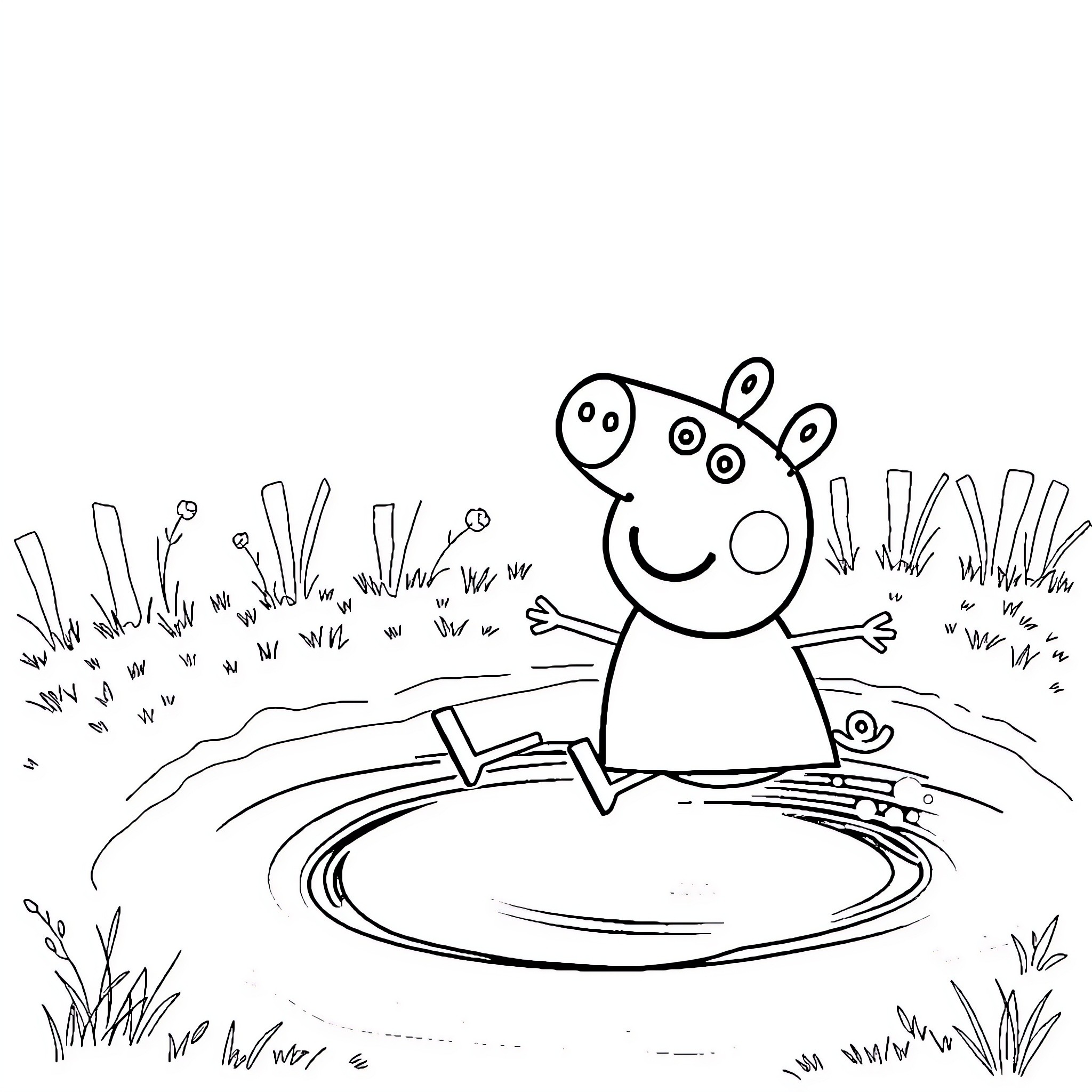 Peppa Pig enjoying a puddle in the park Coloring Page (free black-and-white line drawing printable PDF for all, from beginners to advanced learners, including children, teens, adults, and seniors)