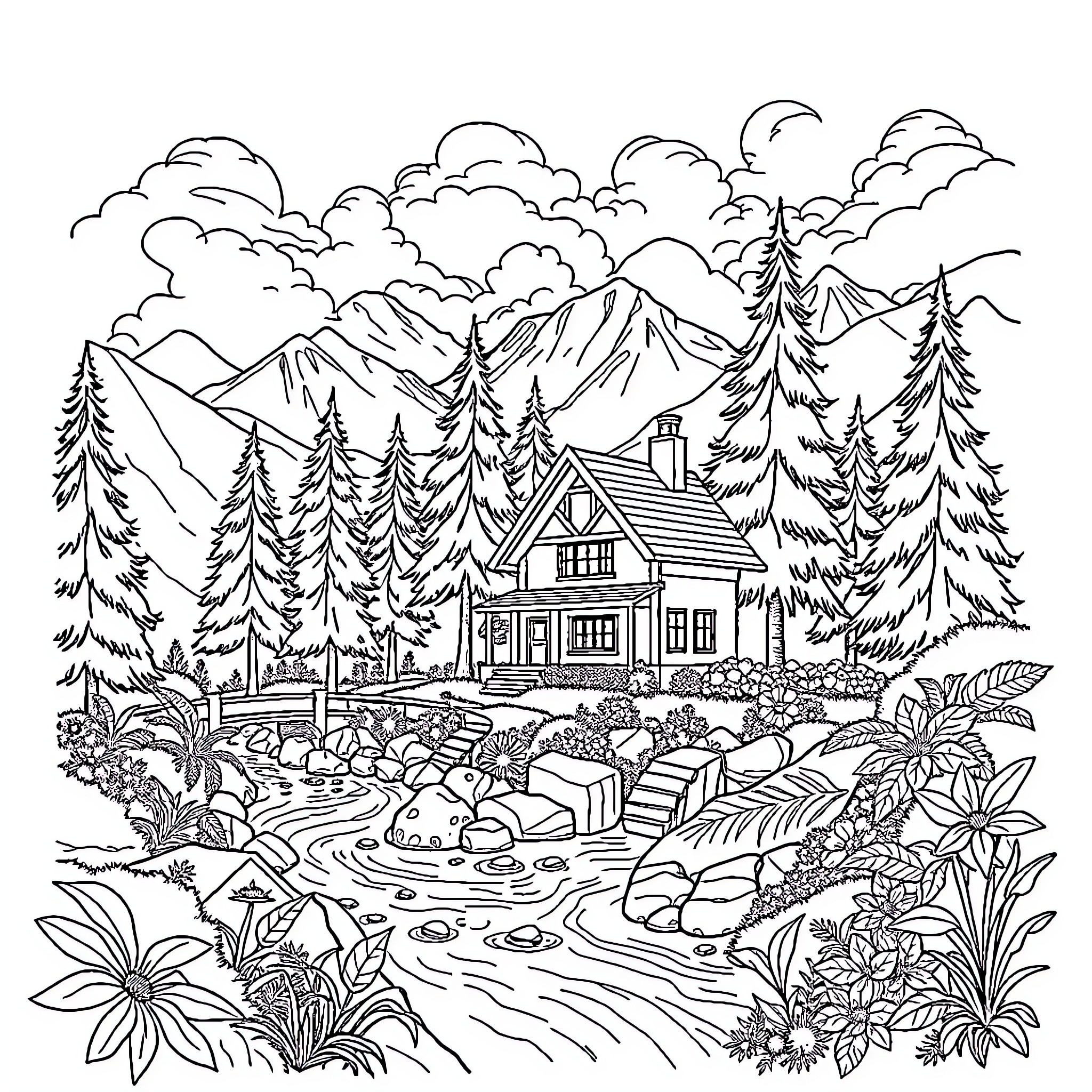 Landscape with a cozy cabin in the mountains Coloring Page (free black-and-white line drawing printable PDF for all, from beginners to advanced learners, including children, teens, adults, and seniors)