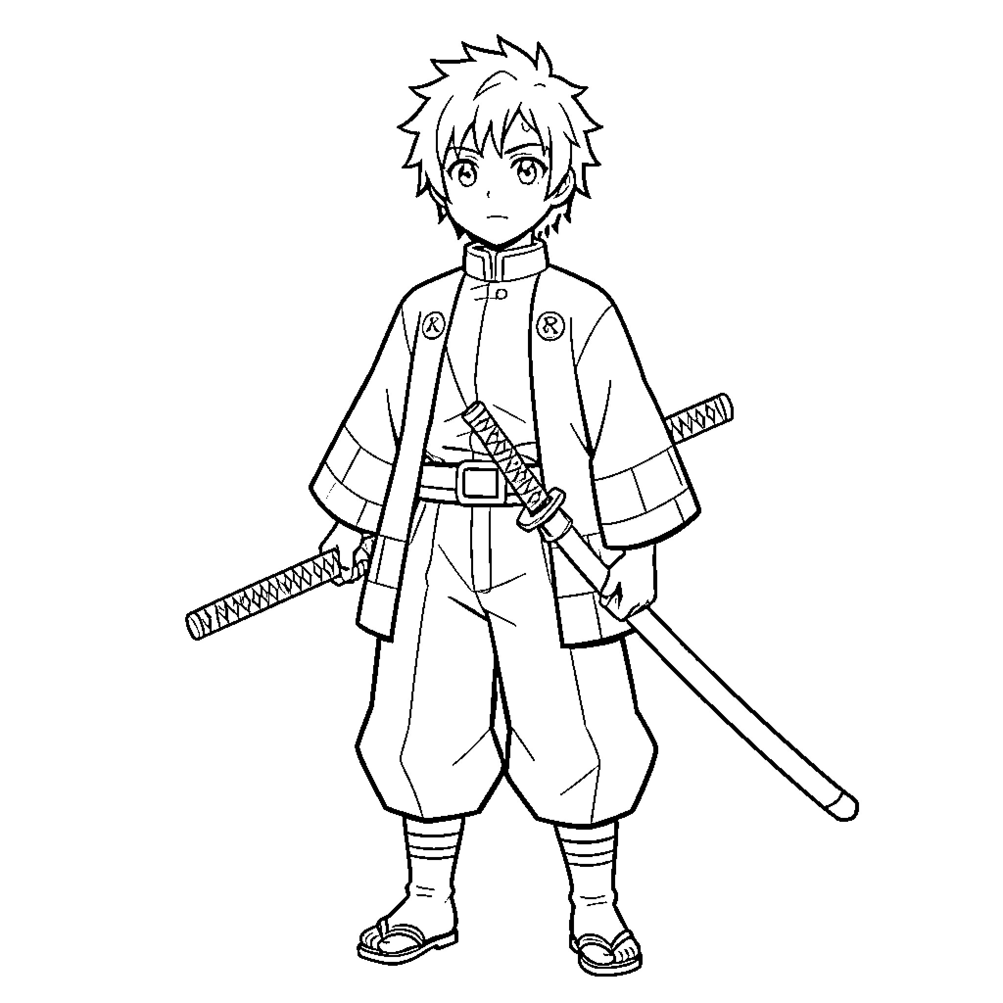 Tanjiro standing firmly while holding two katanas Coloring Page (free black-and-white line drawing printable PDF for all, from beginners to advanced learners, including children, teens, adults, and seniors)