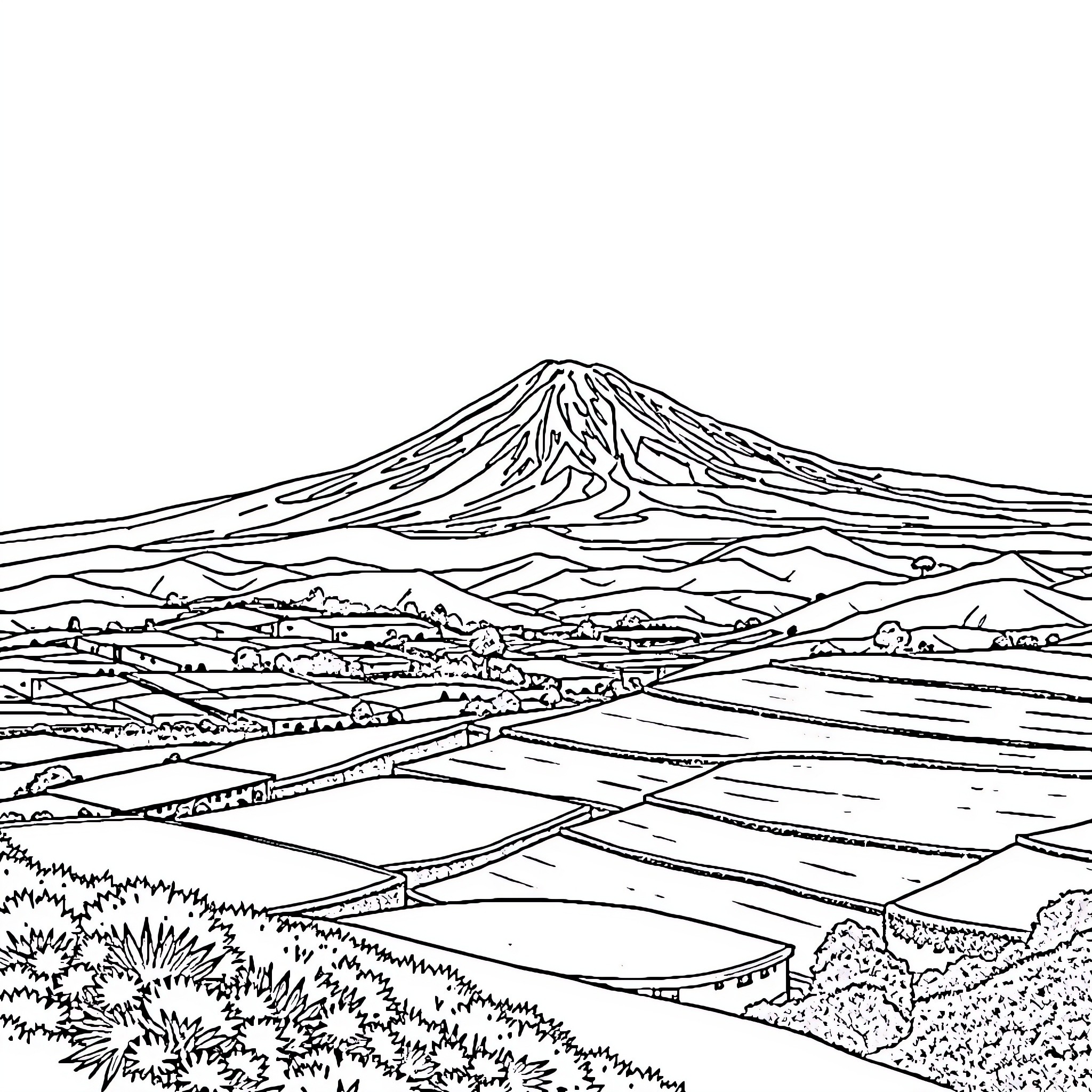 Andenes: Majestic Mountain Landscape with Scenic Vistas Coloring Page (free black-and-white line drawing printable PDF for all, from beginners to advanced learners, including children, teens, adults, and seniors)