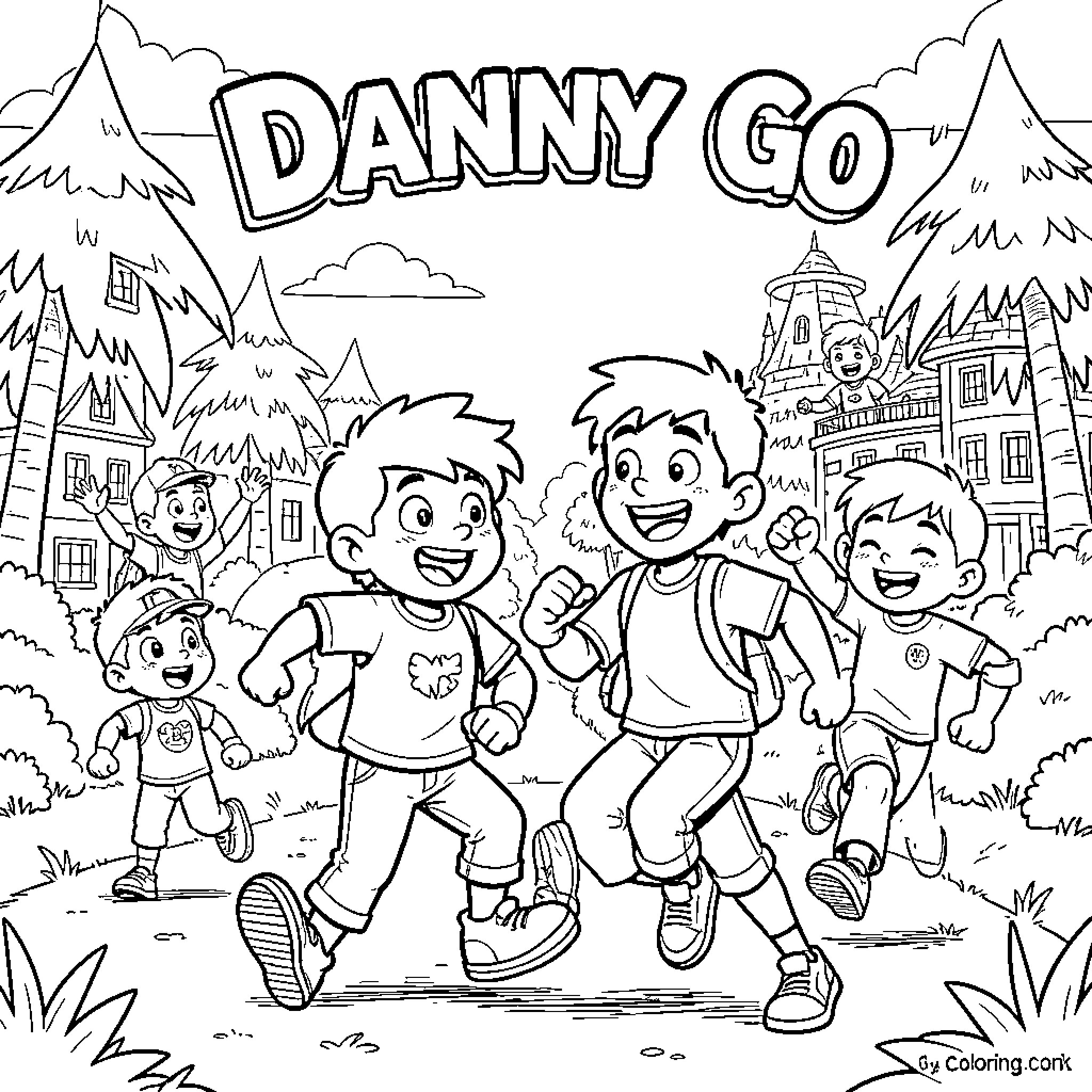 Danny Go and children running and playing together Coloring Page (free black-and-white line drawing printable PDF for all, from beginners to advanced learners, including children, teens, adults, and seniors)
