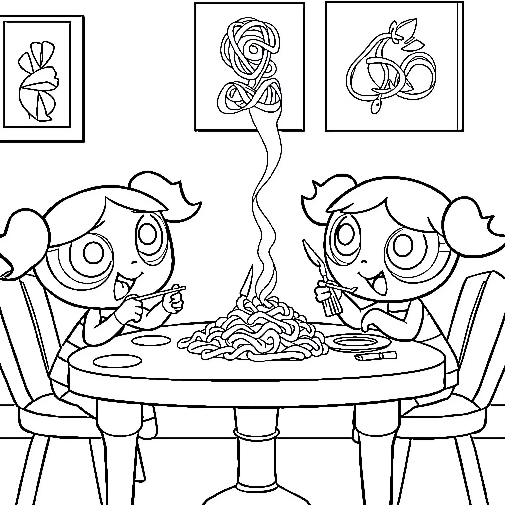 Powerpuff Girls Enjoying a Delicious Meal Together Coloring Page (free black-and-white line drawing printable PDF for all, from beginners to advanced learners, including children, teens, adults, and seniors)