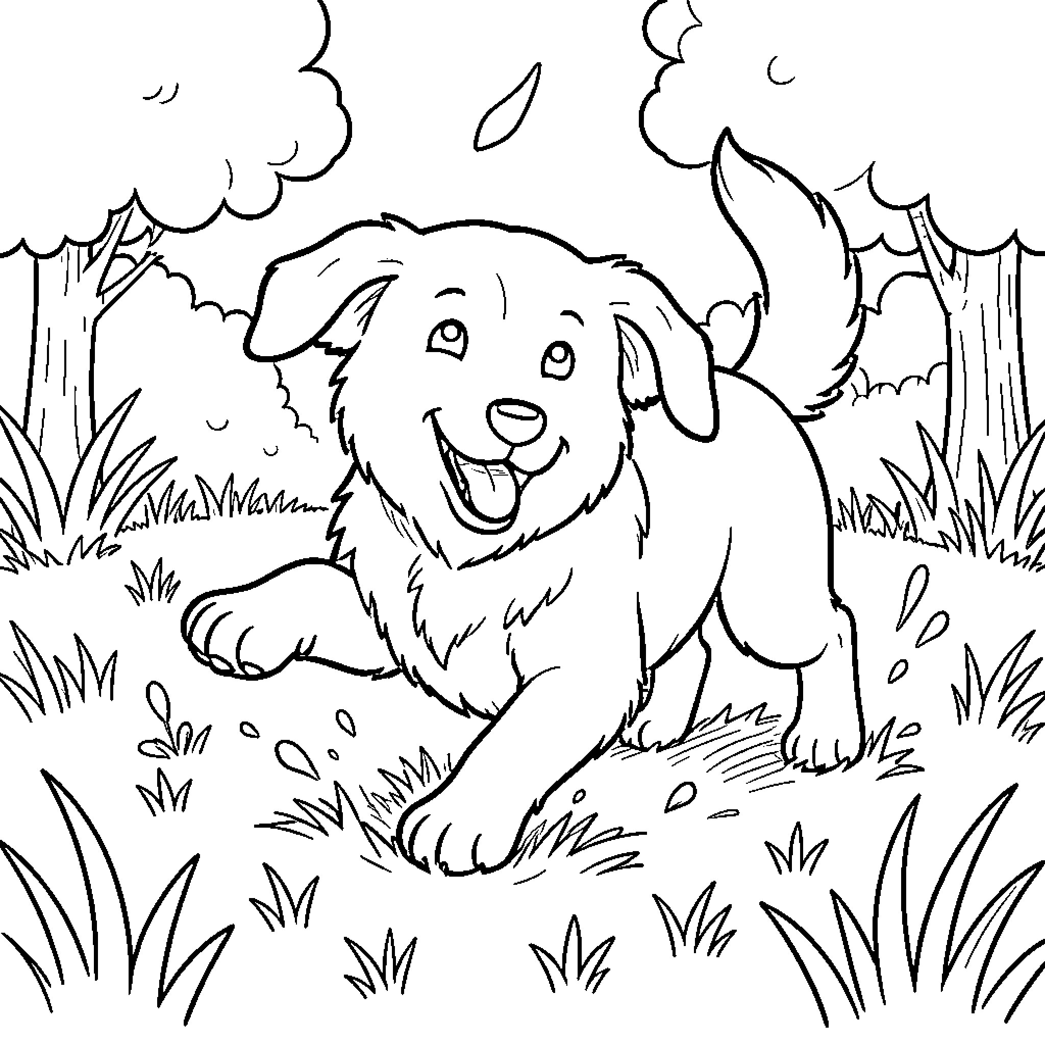Dog enjoying the outdoors in a nature scene Coloring Page (free black-and-white line drawing printable PDF for all, from beginners to advanced learners, including children, teens, adults, and seniors)