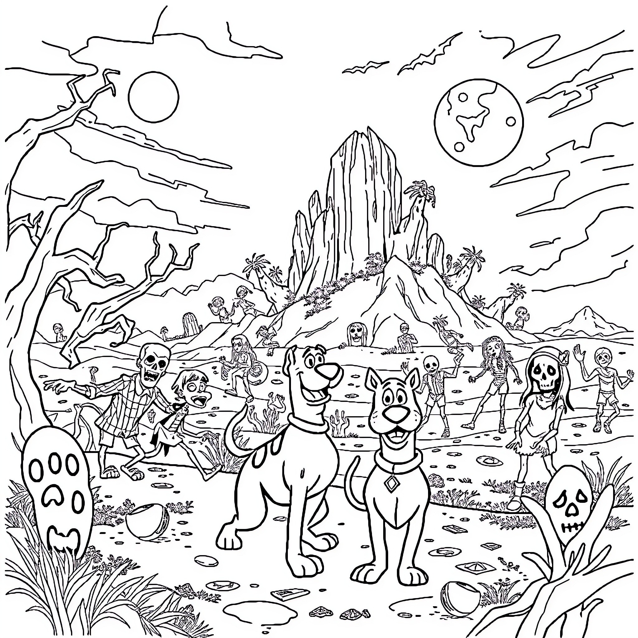 Scooby Doo and friends explore a spooky desert landscape Coloring Page (free black-and-white line drawing printable PDF for all, from beginners to advanced learners, including children, teens, adults, and seniors)