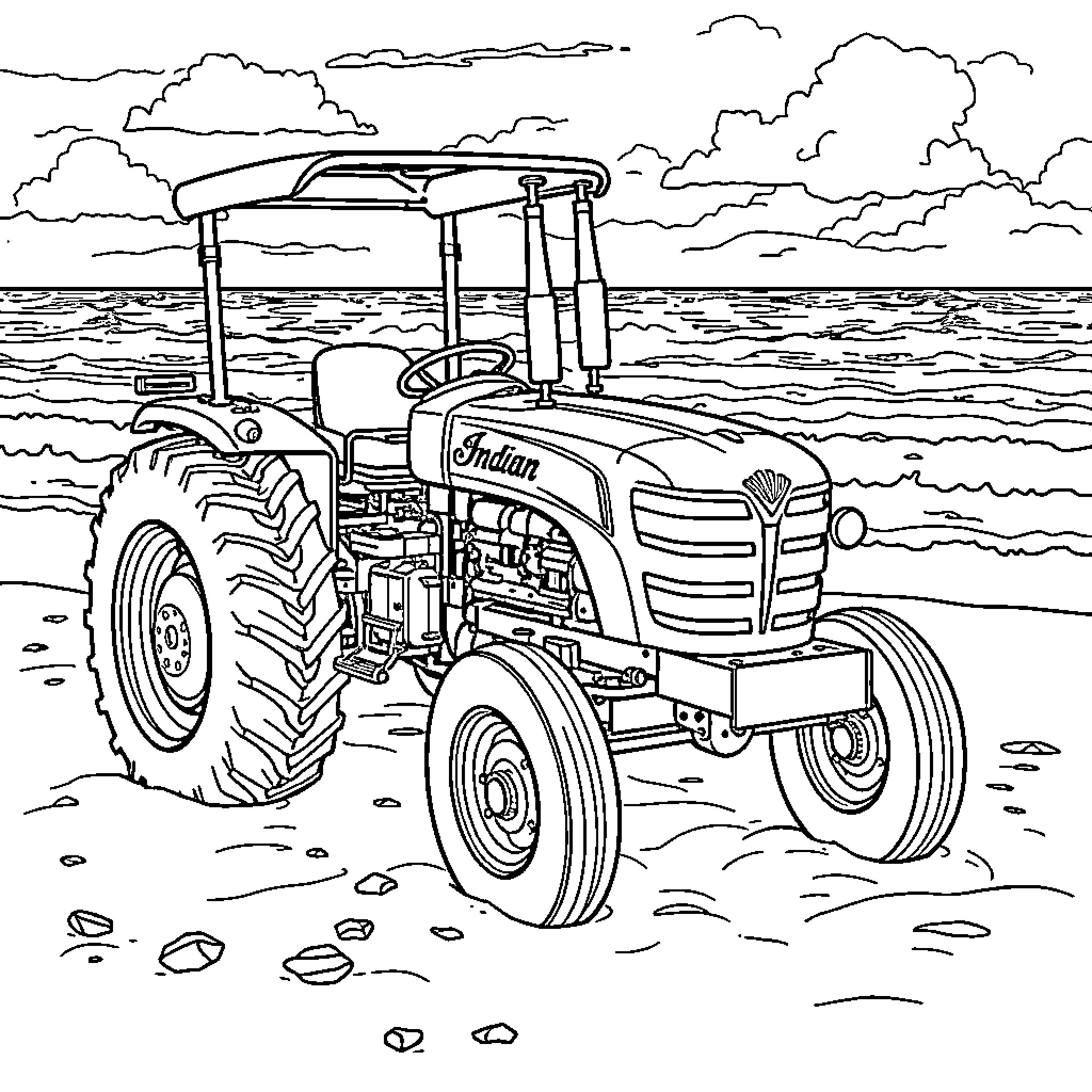 Tractor working in the field by the sea Coloring Page (free black-and-white line drawing printable PDF for all, from beginners to advanced learners, including children, teens, adults, and seniors)