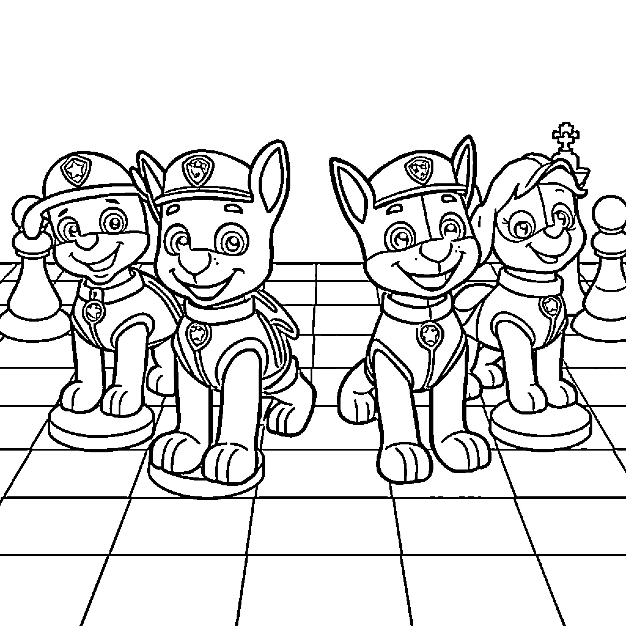 Paw Patrol Puppies in Uniform Smiling and Posing Coloring Page (free black-and-white line drawing printable PDF for all, from beginners to advanced learners, including children, teens, adults, and seniors)