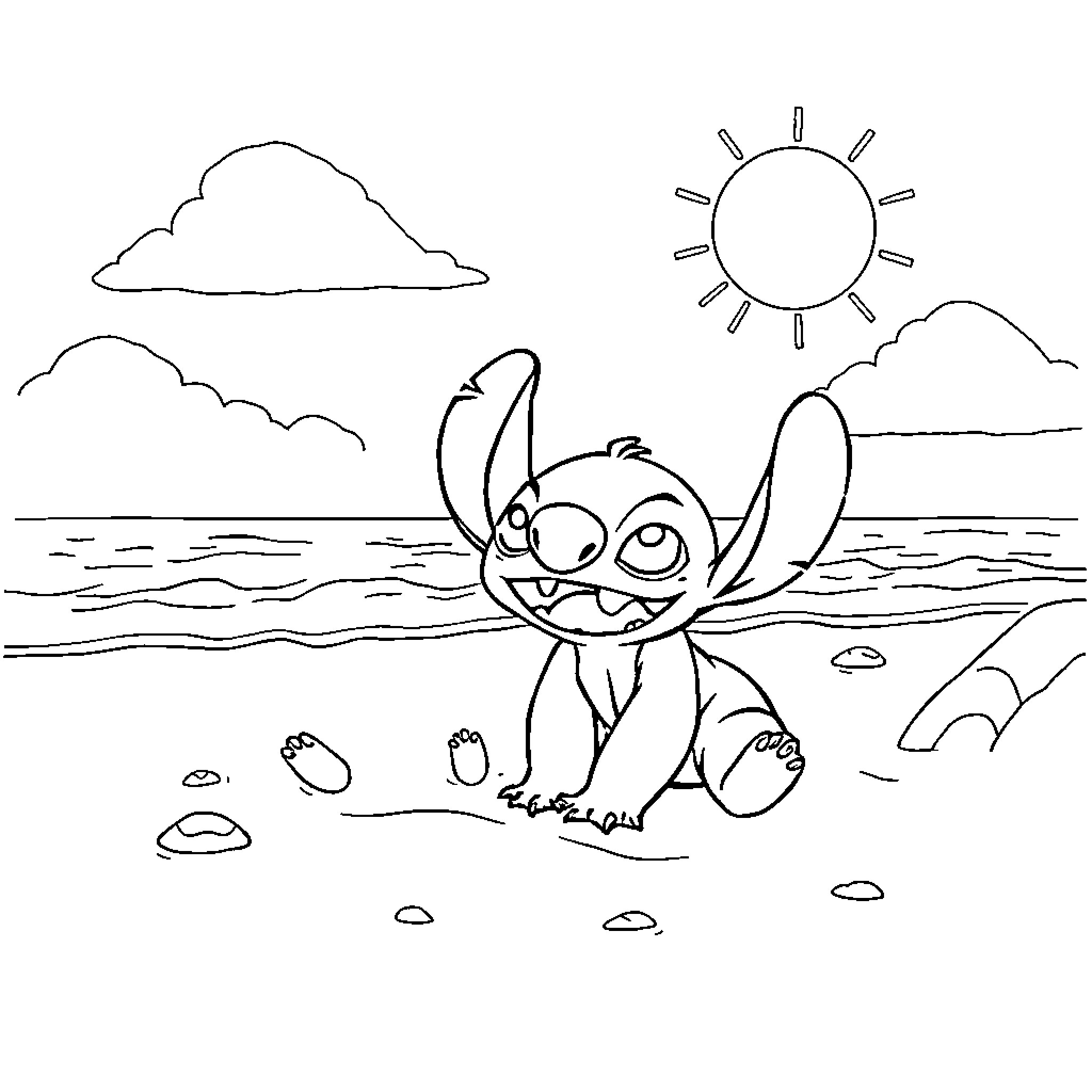 Lilo playing happily on the beach Coloring Page (free black-and-white line drawing printable PDF for all, from beginners to advanced learners, including children, teens, adults, and seniors)