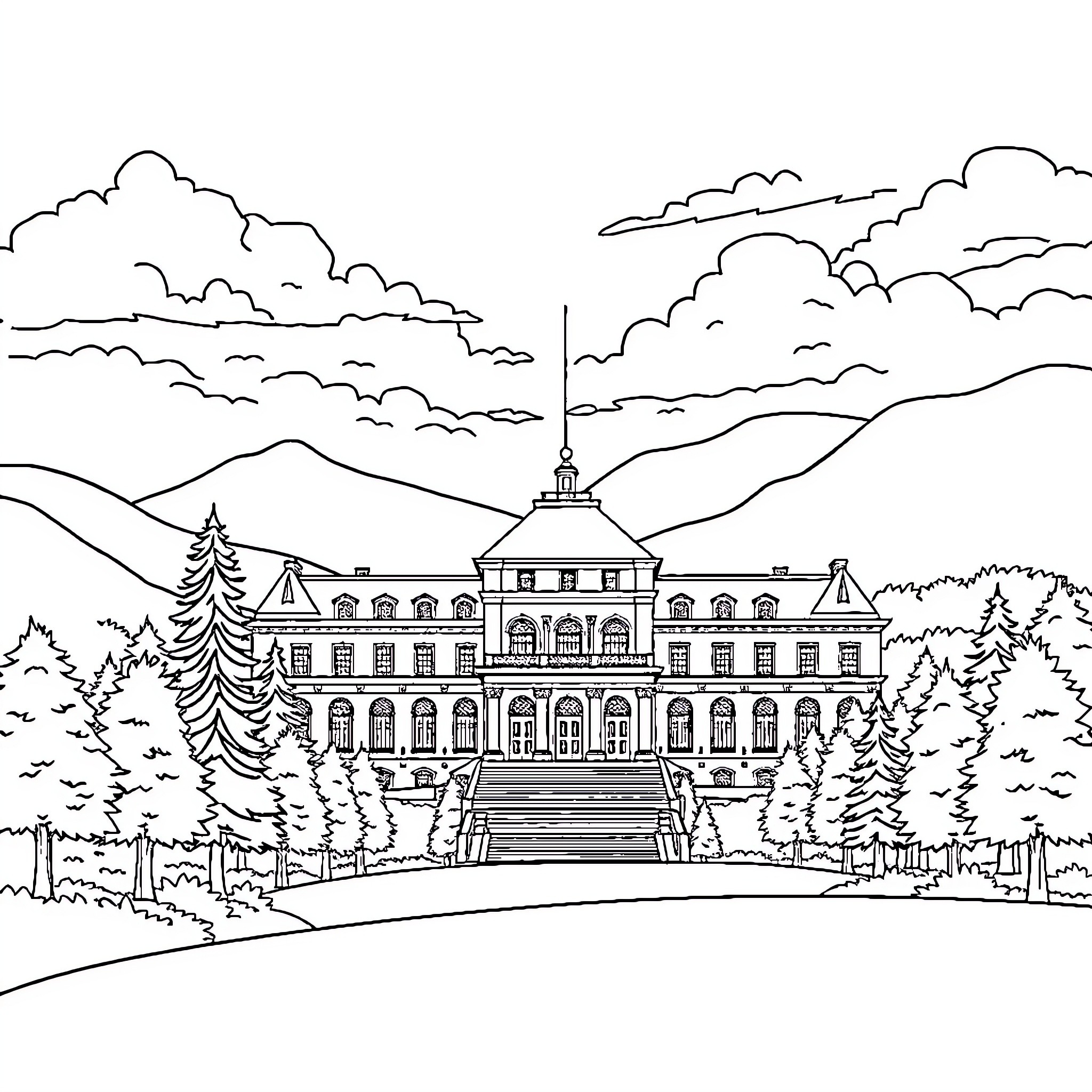 LBSNAA Majestic Palace in a Picturesque Landscape Coloring Page (free black-and-white line drawing printable PDF for all, from beginners to advanced learners, including children, teens, adults, and seniors)