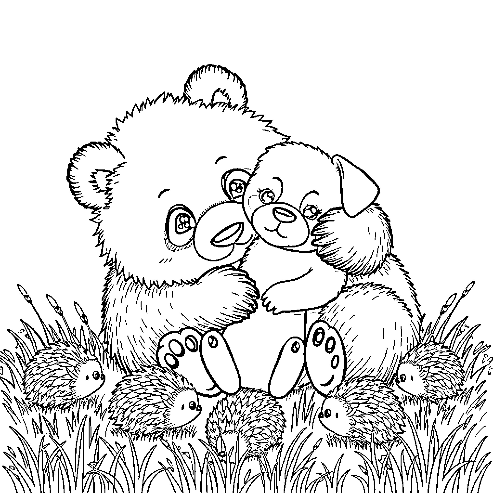 Panda bear cub playing with puppy in grassy field Coloring Page (free black-and-white line drawing printable PDF for all, from beginners to advanced learners, including children, teens, adults, and seniors)