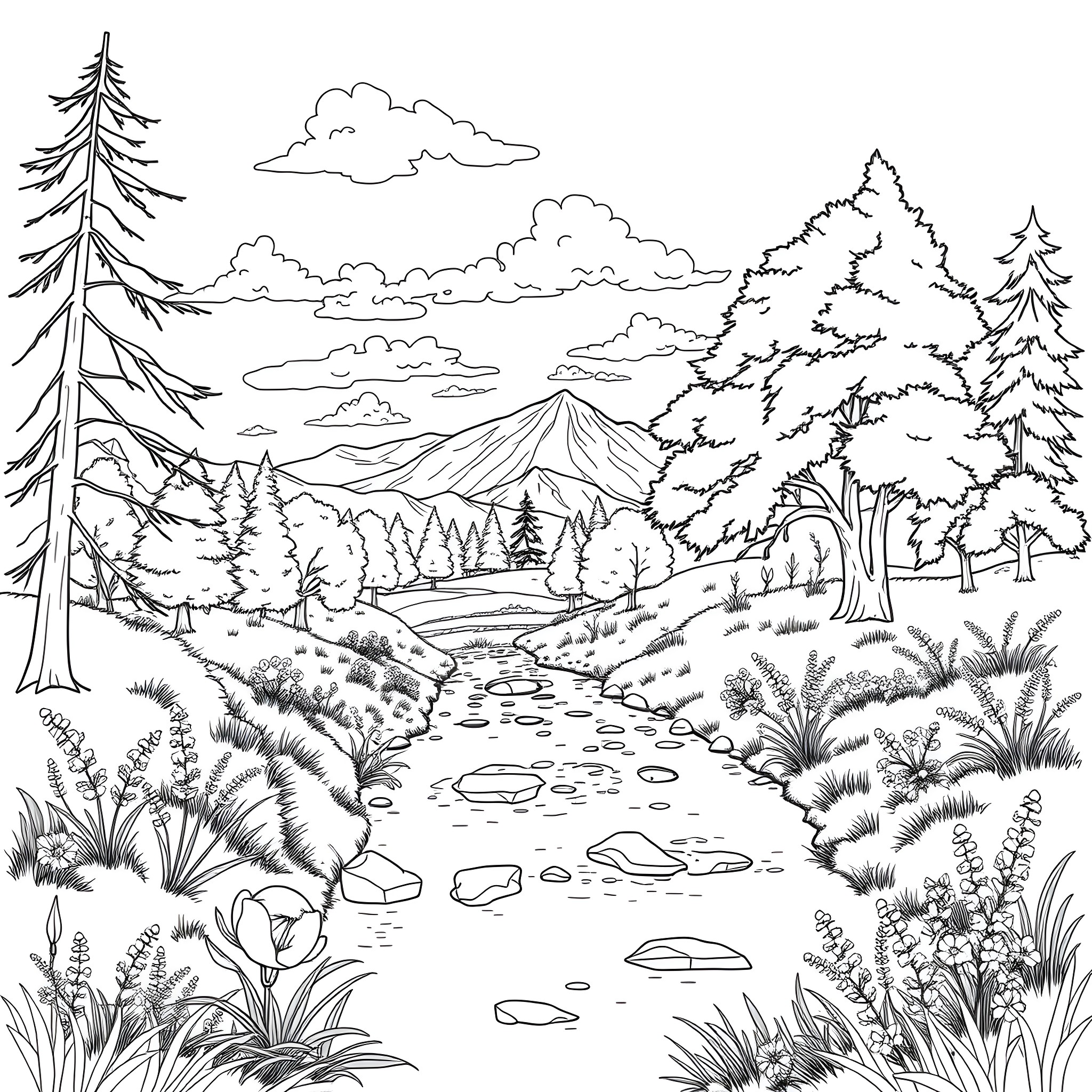 Nature's Serene Wilderness Landscape Coloring Page (free black-and-white line drawing printable PDF for all, from beginners to advanced learners, including children, teens, adults, and seniors)