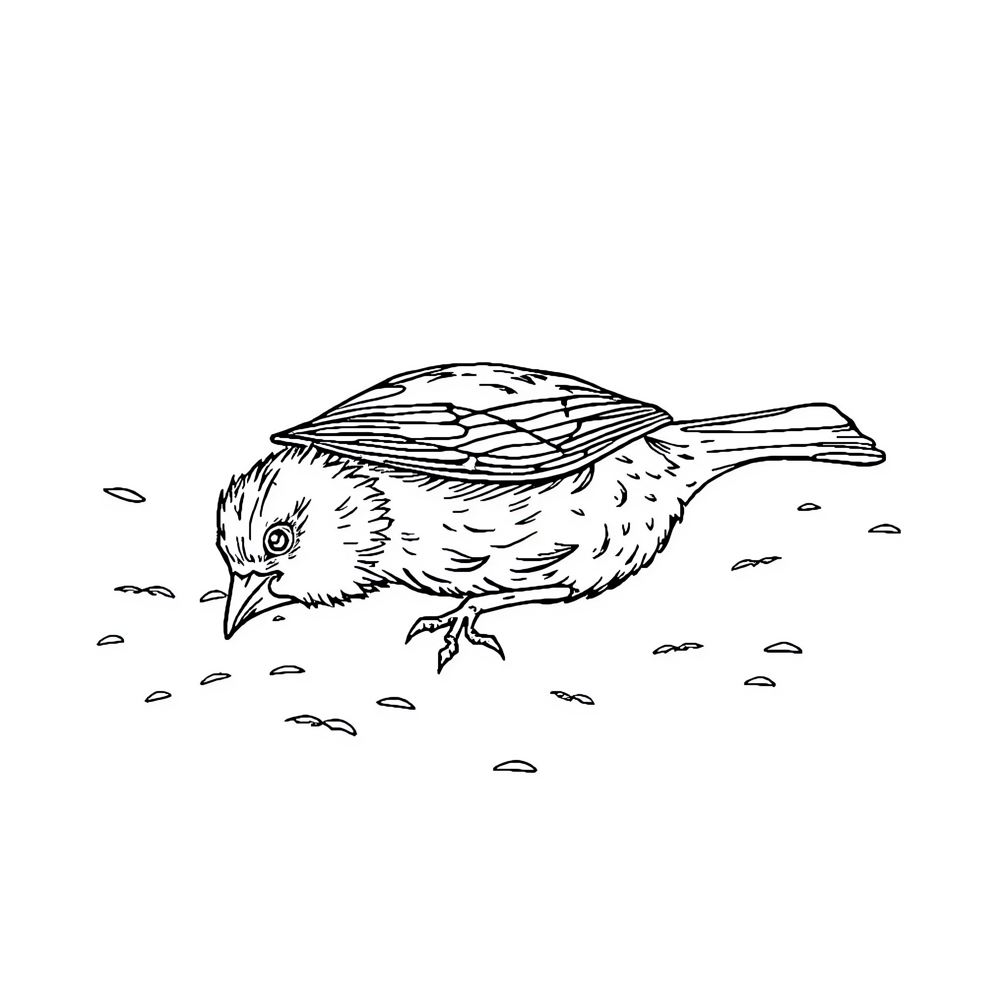 Bird hunting for food on the ground Coloring Page (free black-and-white line drawing printable PDF for all, from beginners to advanced learners, including children, teens, adults, and seniors)