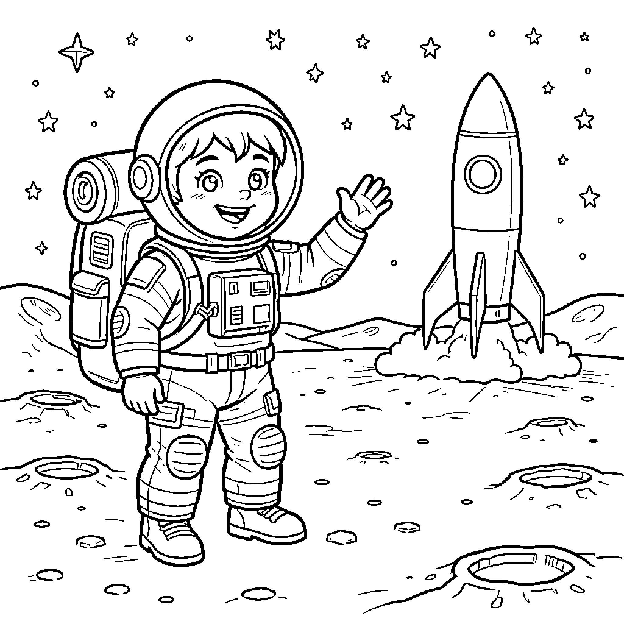 Astronaut waving happily next to a launching rocket Coloring Page (free black-and-white line drawing printable PDF for all, from beginners to advanced learners, including children, teens, adults, and seniors)
