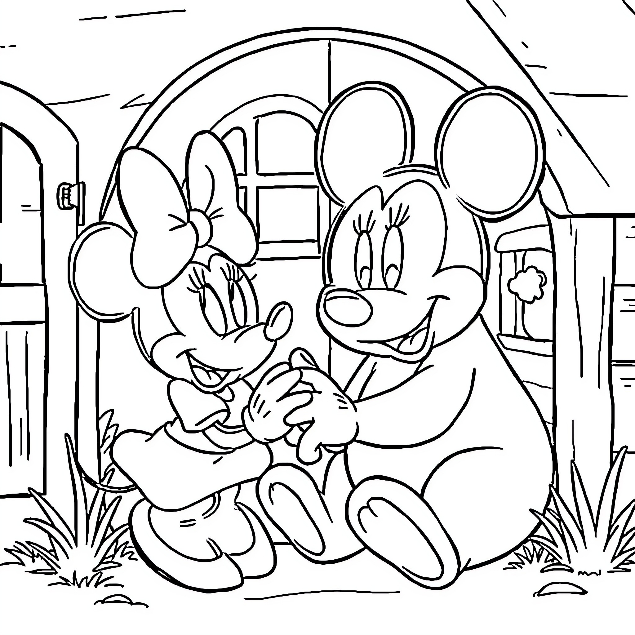 Minnie Mouse and Mickey Mouse spending time together Coloring Page (free black-and-white line drawing printable PDF for all, from beginners to advanced learners, including children, teens, adults, and seniors)