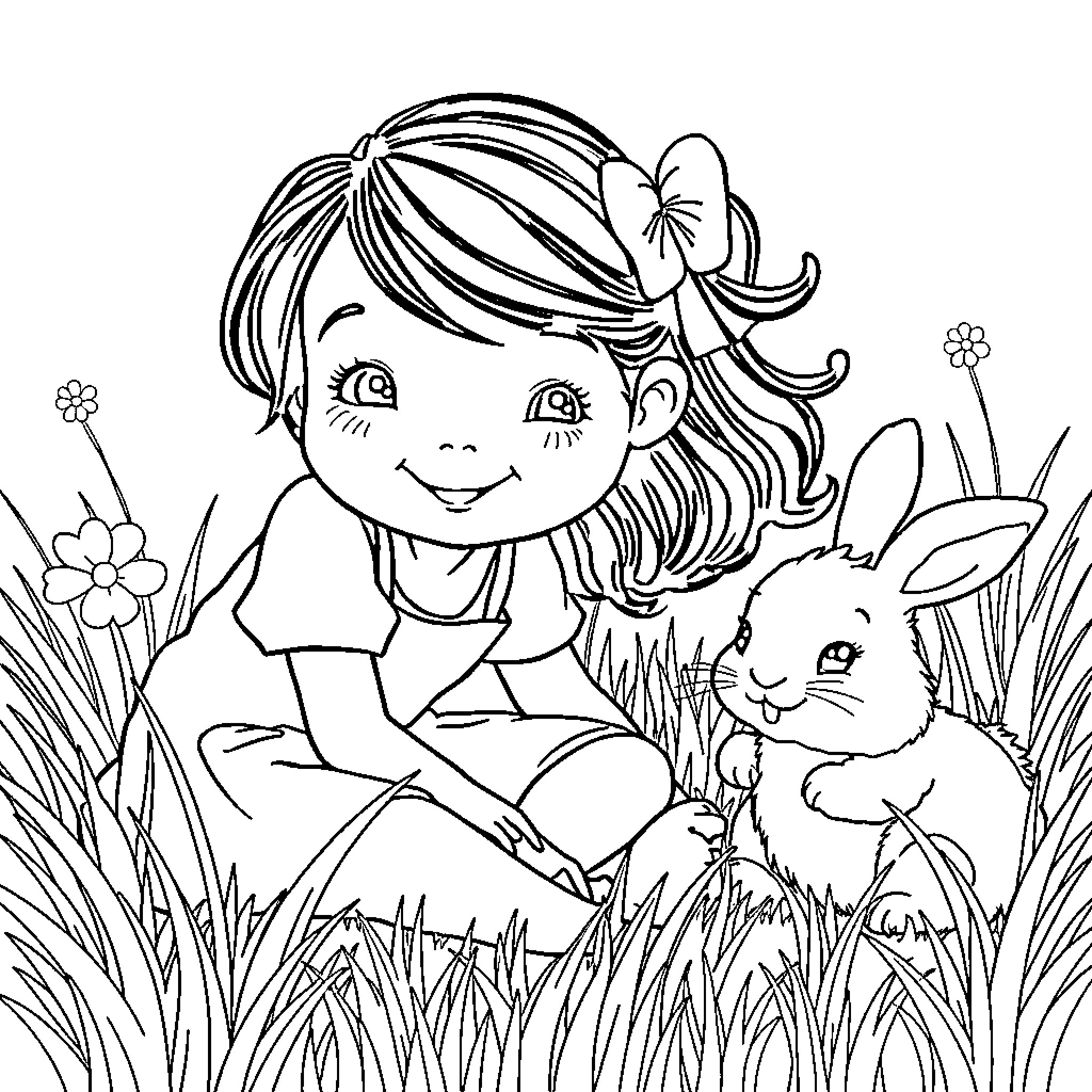 Bridget's Playful Encounter with a Bunny in the Meadow Coloring Page (free black-and-white line drawing printable PDF for all, from beginners to advanced learners, including children, teens, adults, and seniors)