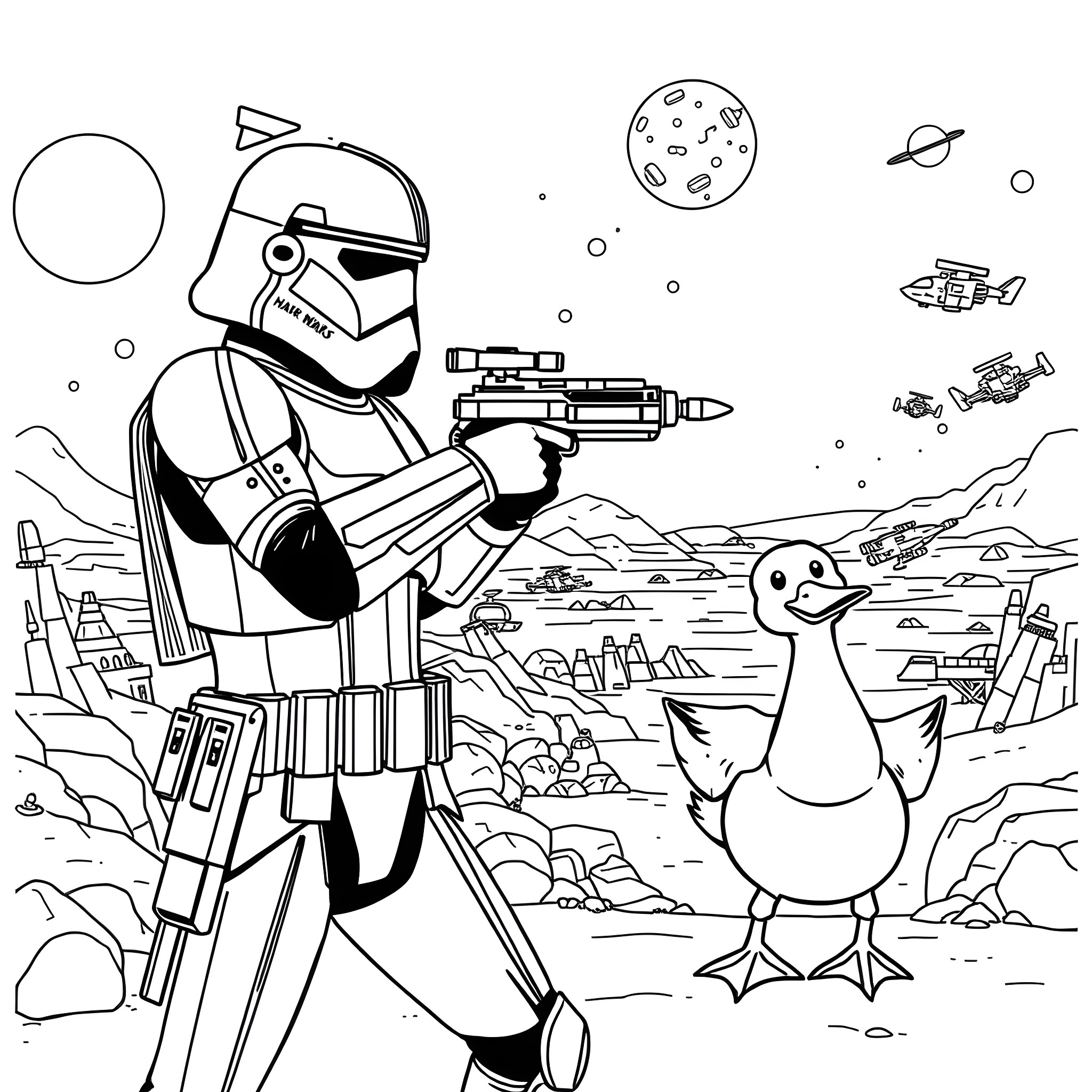 Clone Trooper on an alien planet with spacecraft Coloring Page (free black-and-white line drawing printable PDF for all, from beginners to advanced learners, including children, teens, adults, and seniors)