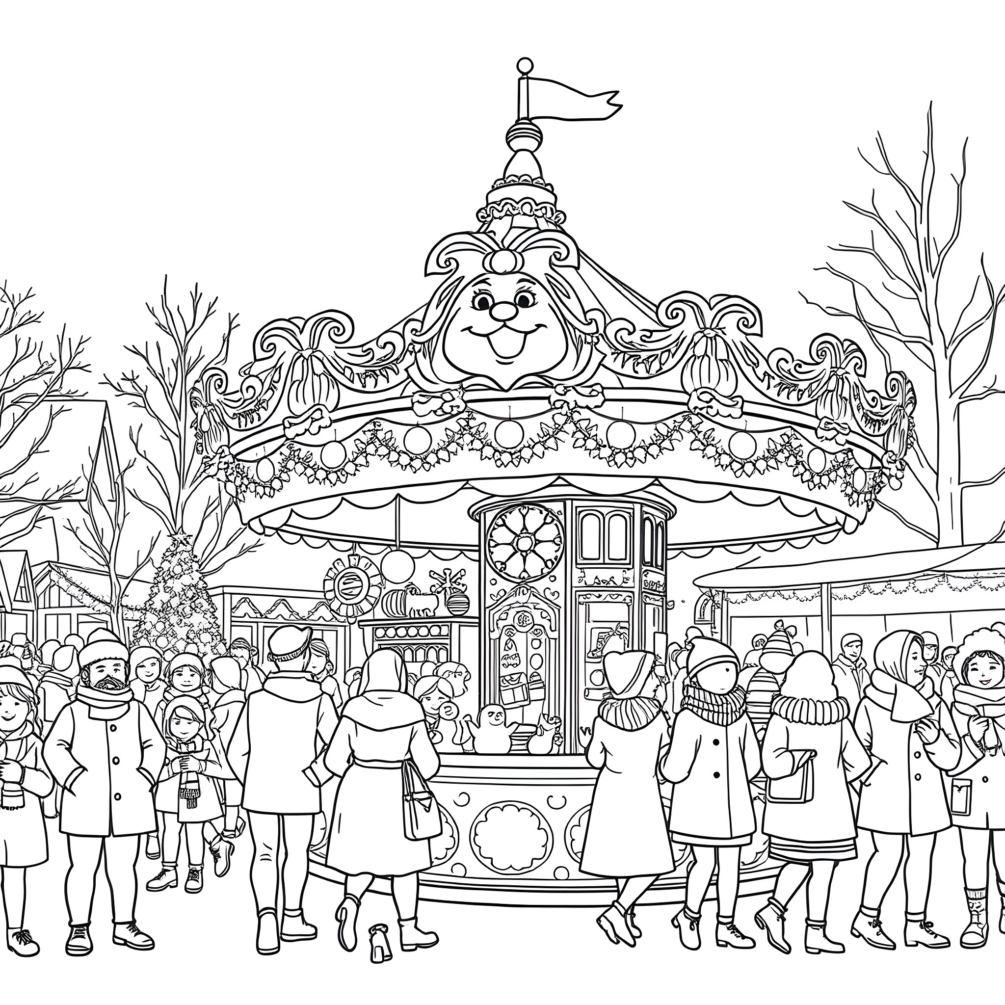 Market Crowd Exploring the Ornate Carousel Coloring Page (free black-and-white line drawing printable PDF for all, from beginners to advanced learners, including children, teens, adults, and seniors)