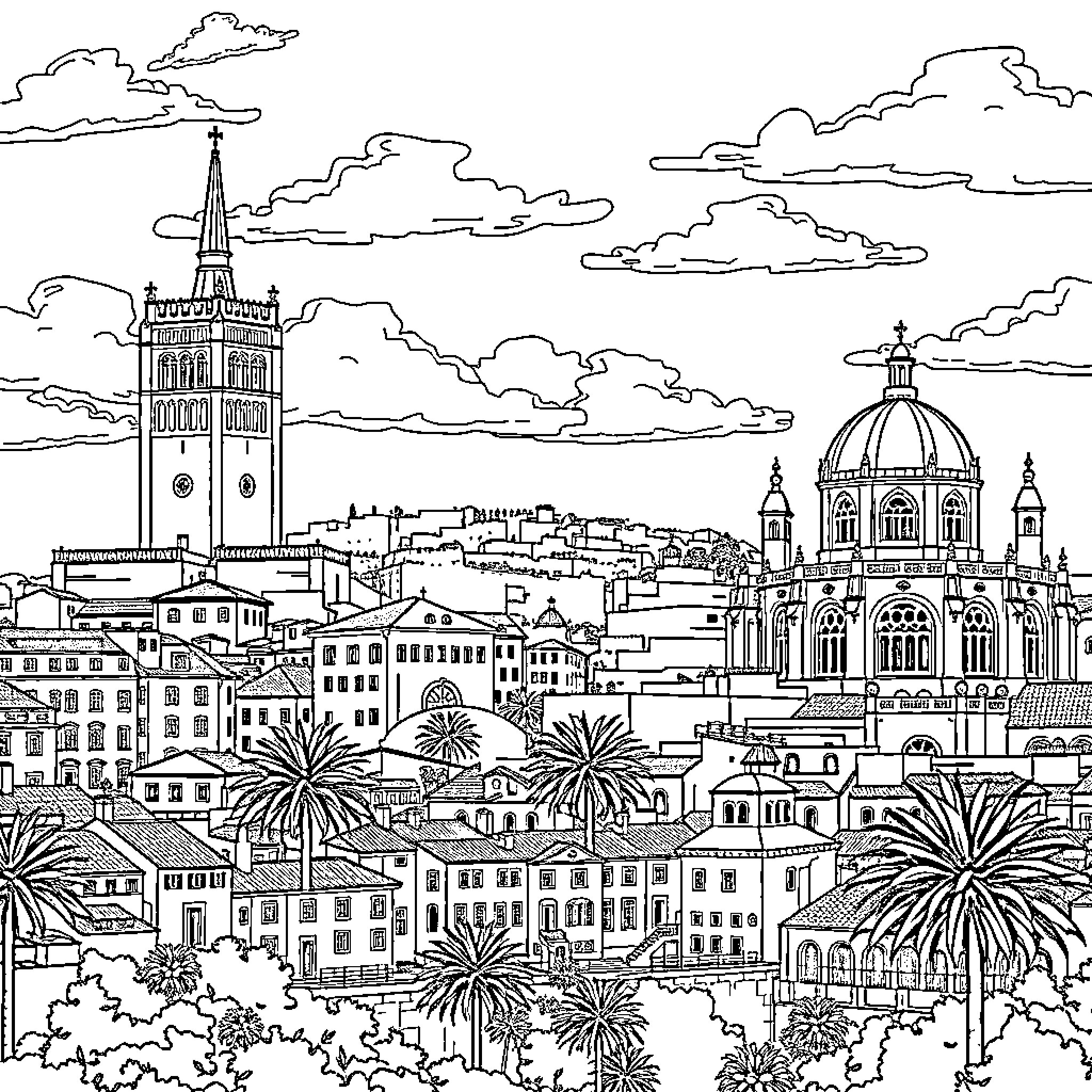 Lisbon cityscape with iconic landmarks and palm trees Coloring Page (free black-and-white line drawing printable PDF for all, from beginners to advanced learners, including children, teens, adults, and seniors)