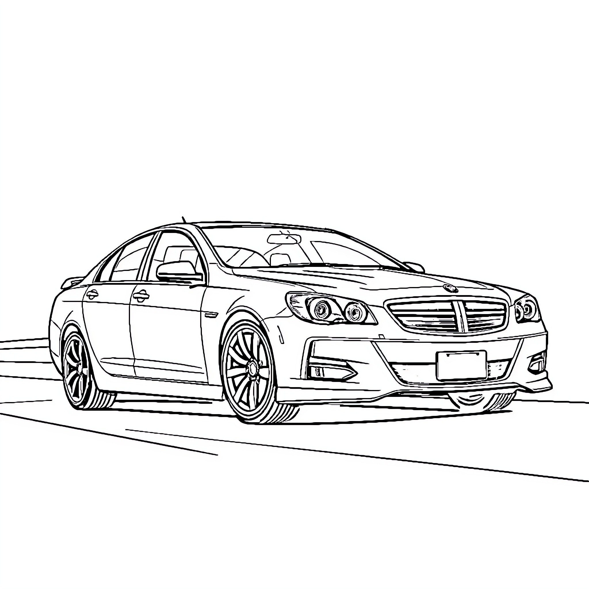 Holden Commodore sleek sedan on the road Coloring Page (free black-and-white line drawing printable PDF for all, from beginners to advanced learners, including children, teens, adults, and seniors)