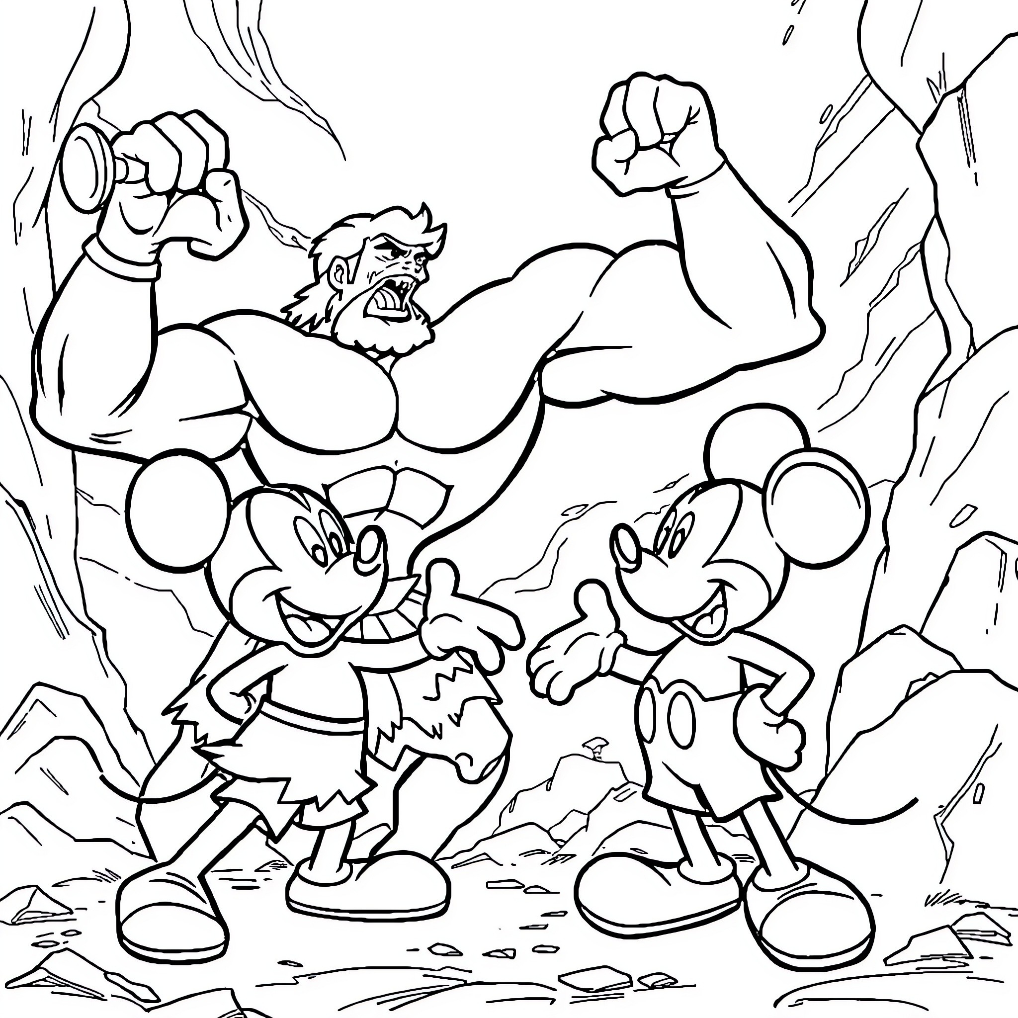 Hercules battling against Mickey Mouse and friends Coloring Page (free black-and-white line drawing printable PDF for all, from beginners to advanced learners, including children, teens, adults, and seniors)