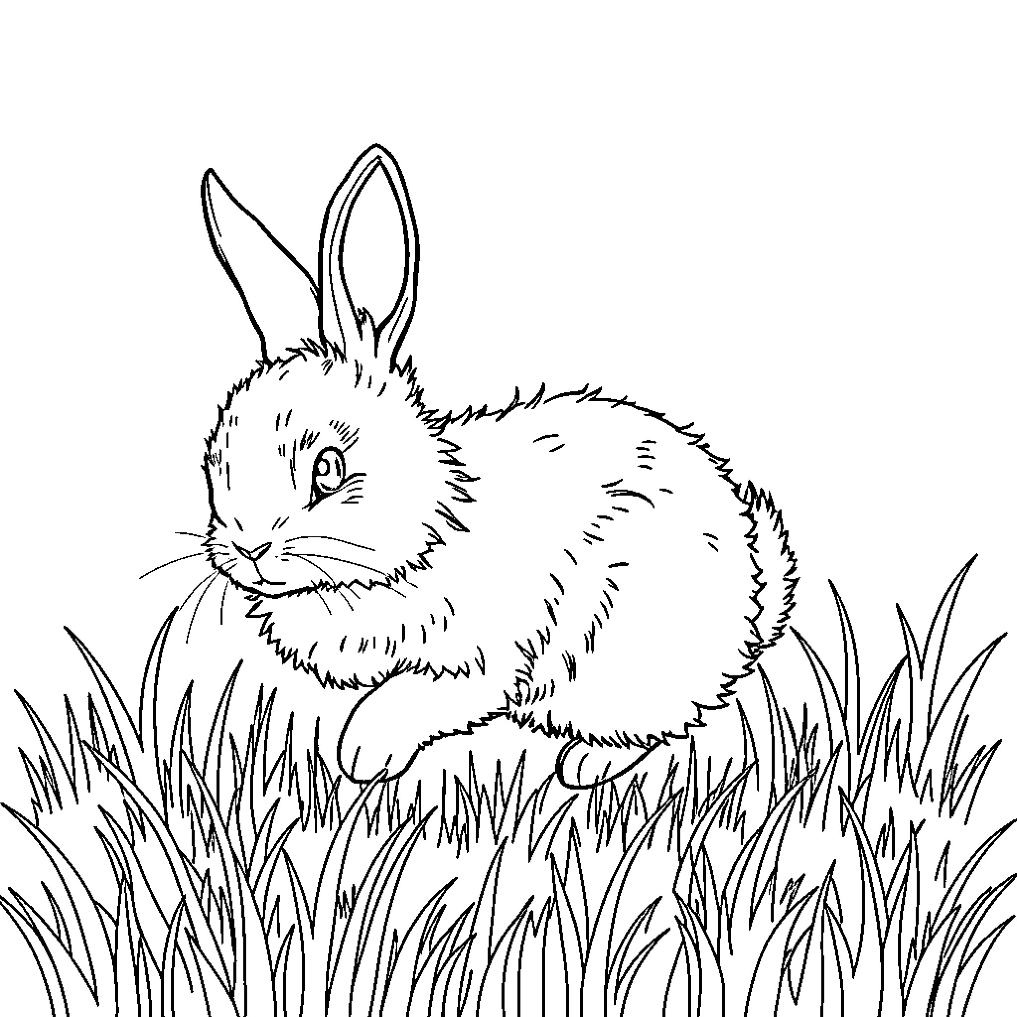Rabbit resting in grassy field Coloring Page (free black-and-white line drawing printable PDF for all, from beginners to advanced learners, including children, teens, adults, and seniors)