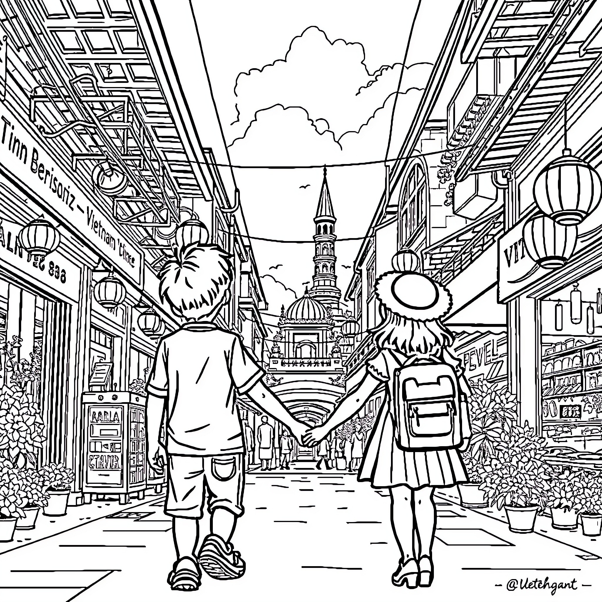 Child exploring bustling city with friend Coloring Page (free black-and-white line drawing printable PDF for all, from beginners to advanced learners, including children, teens, adults, and seniors)