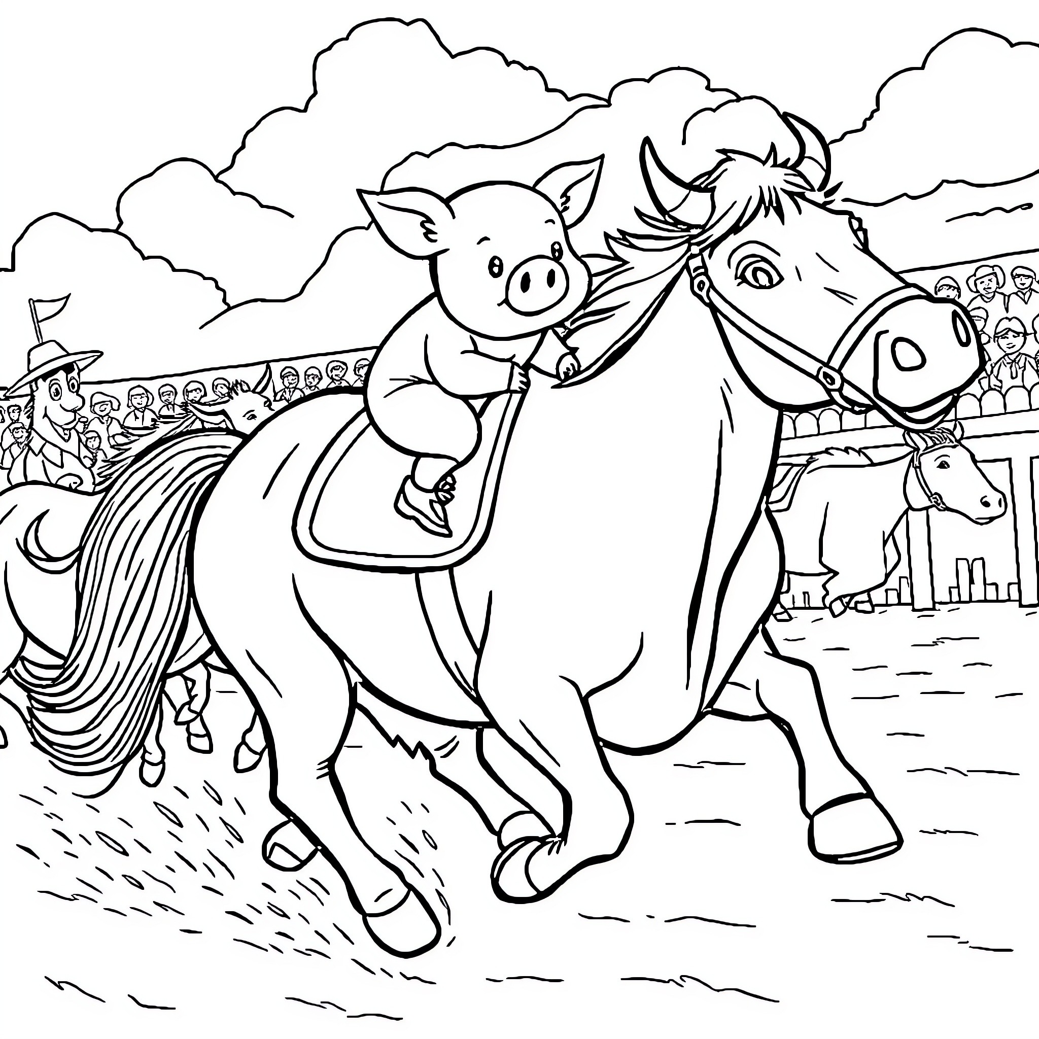Pig riding a horse at the rodeo Coloring Page (free black-and-white line drawing printable PDF for all, from beginners to advanced learners, including children, teens, adults, and seniors)