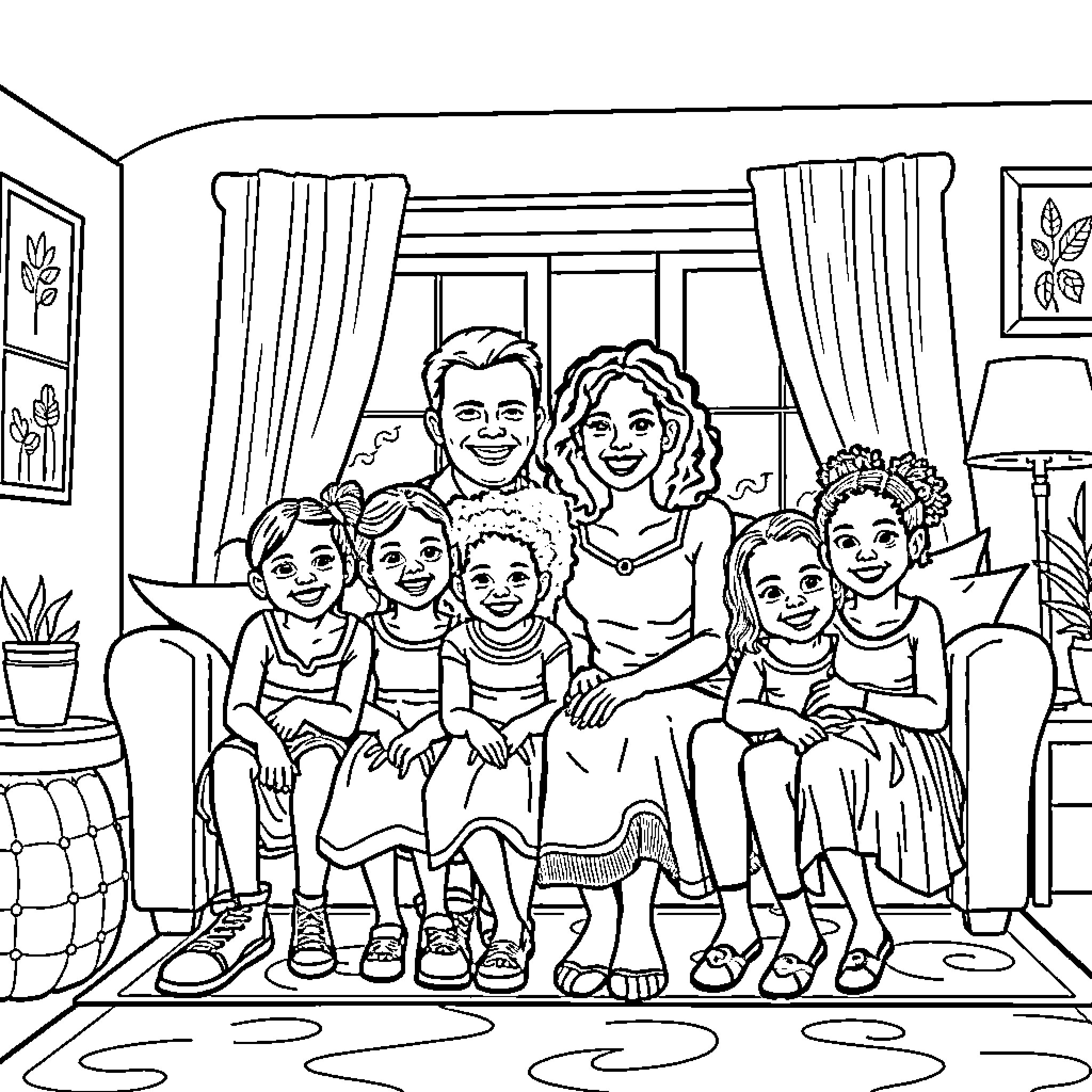 Family Gathering Indoors with Affectionate Expressions Coloring Page (free black-and-white line drawing printable PDF for all, from beginners to advanced learners, including children, teens, adults, and seniors)