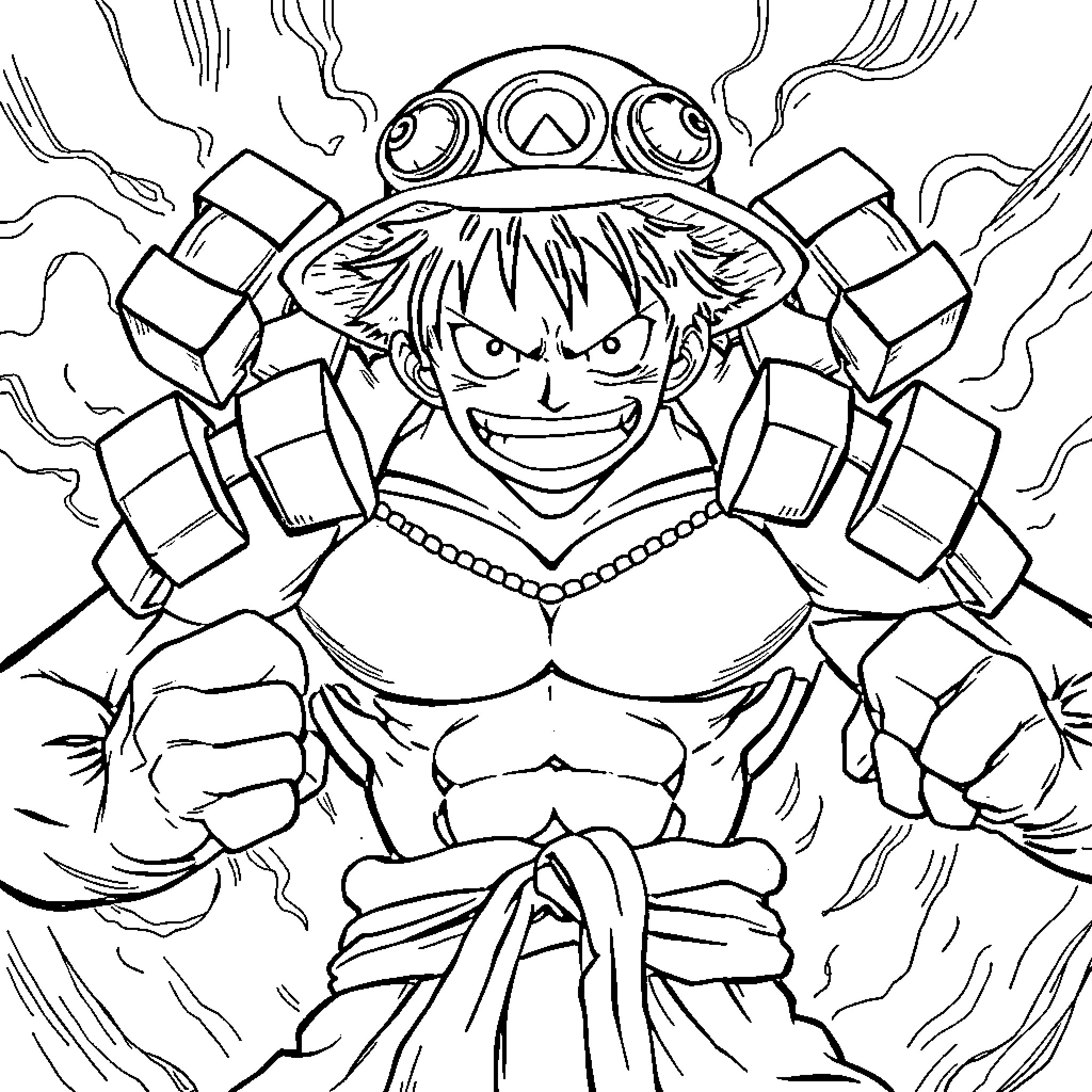 Luffy's Fierce Determination in Battle Coloring Page (free black-and-white line drawing printable PDF for all, from beginners to advanced learners, including children, teens, adults, and seniors)